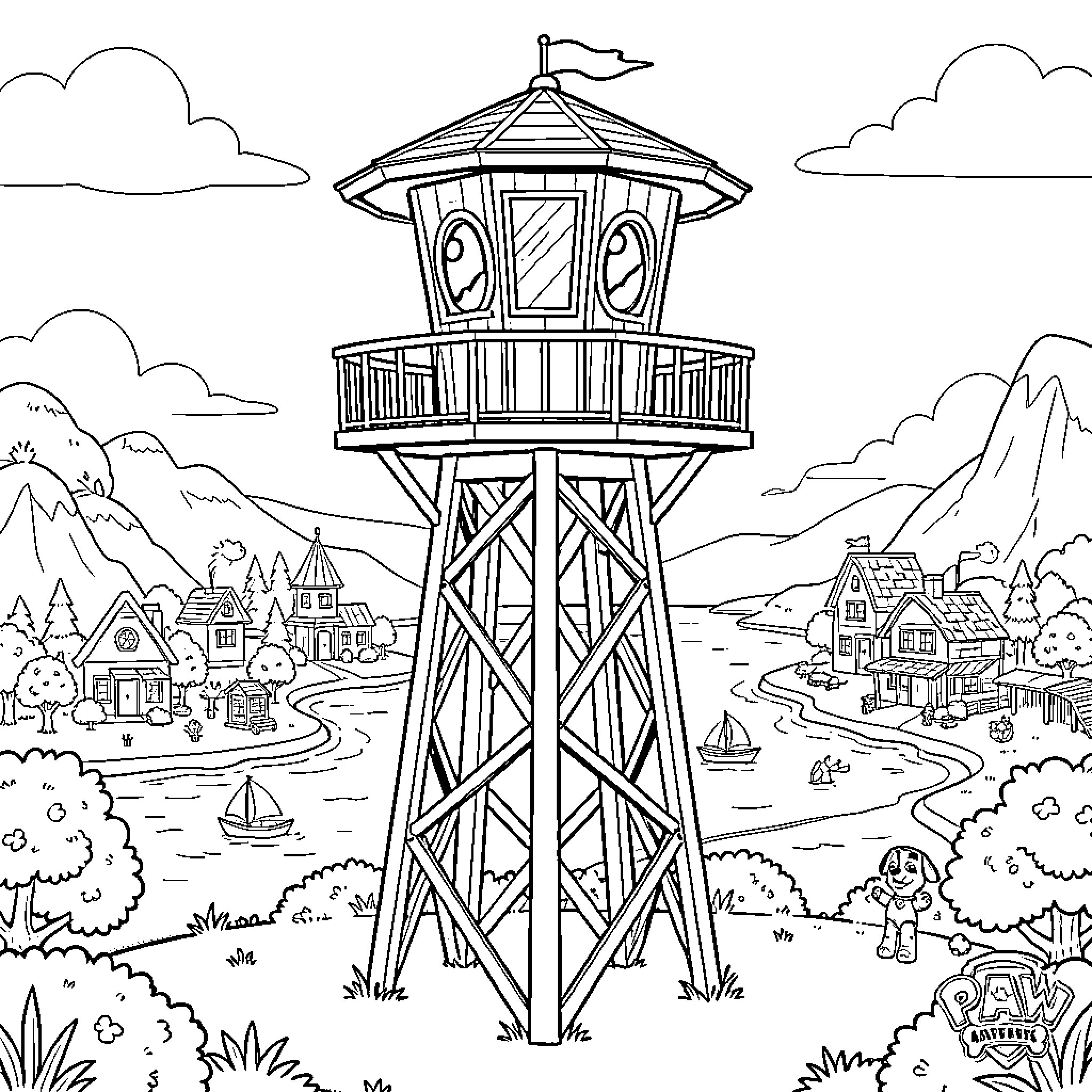 Paw Patrol lookout tower overlooking a coastal town Coloring Page (free black-and-white line drawing printable PDF for all, from beginners to advanced learners, including children, teens, adults, and seniors)