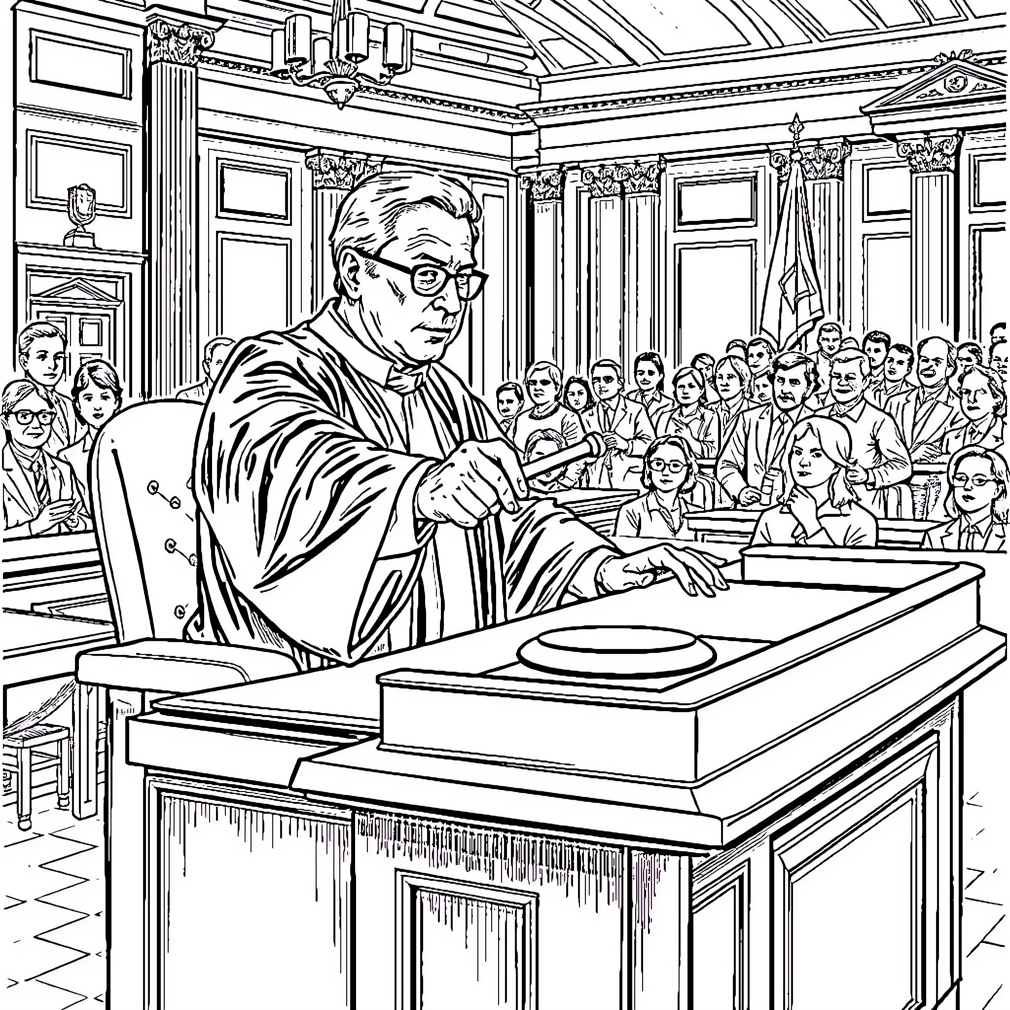 Judge Presiding Over Courtroom Proceedings Coloring Page (free black-and-white line drawing printable PDF for all, from beginners to advanced learners, including children, teens, adults, and seniors)