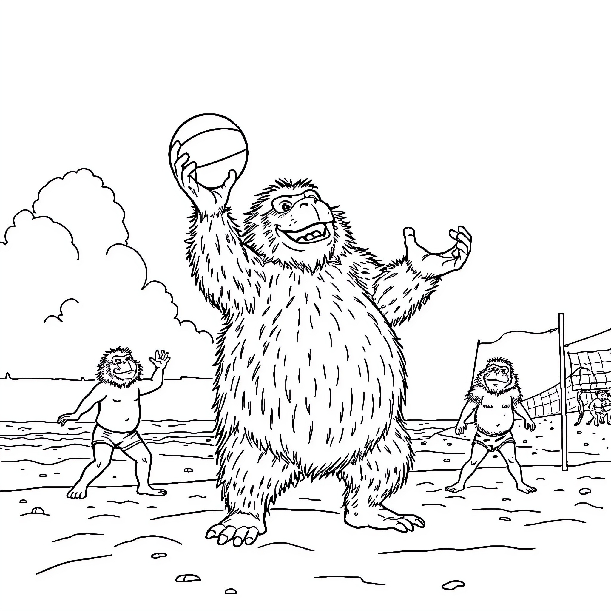 Schtroumpf Creatures Playing Beach Volleyball Coloring Page (free black-and-white line drawing printable PDF for all, from beginners to advanced learners, including children, teens, adults, and seniors)