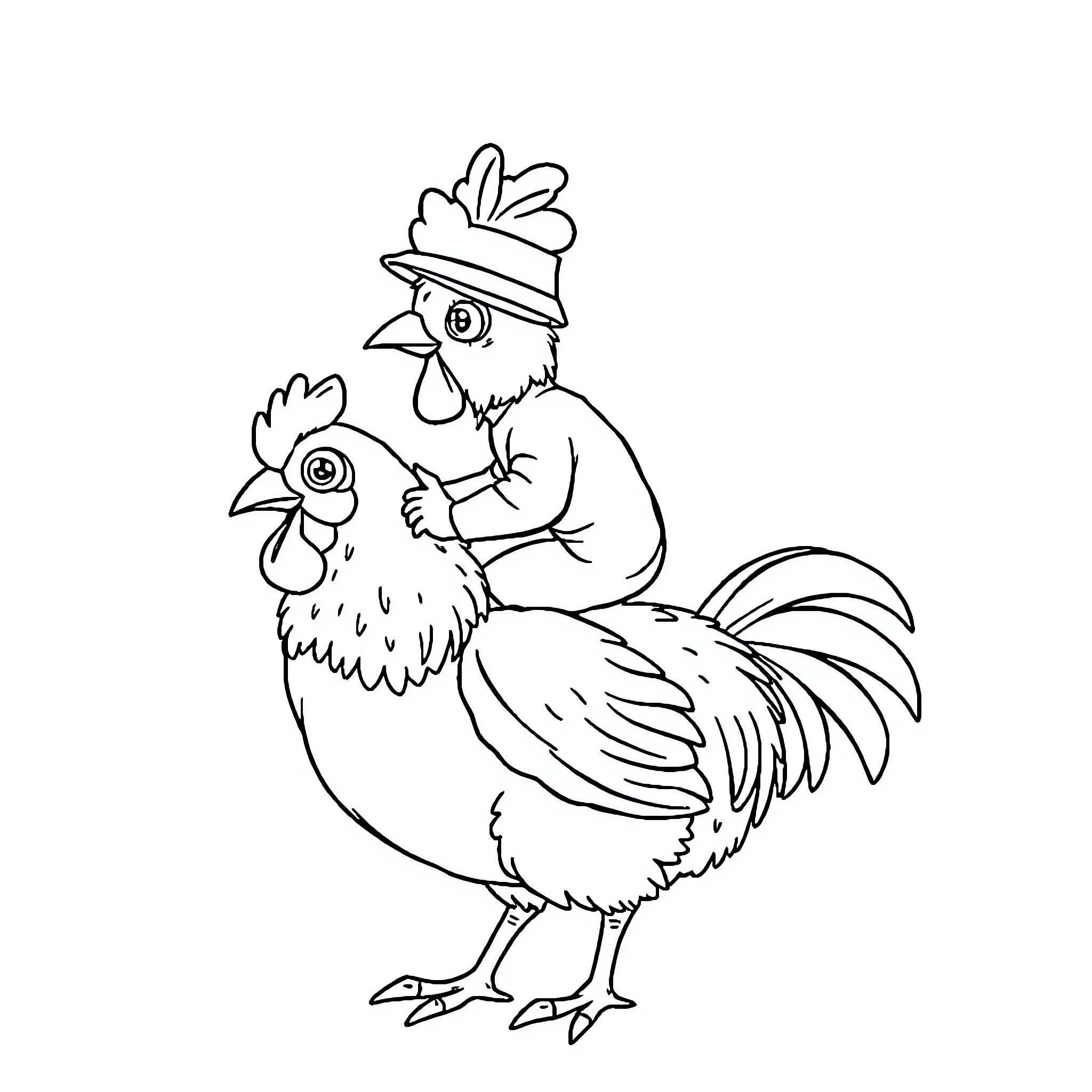 Chicken wearing a hat and standing proudly Coloring Page (free black-and-white line drawing printable PDF for all, from beginners to advanced learners, including children, teens, adults, and seniors)