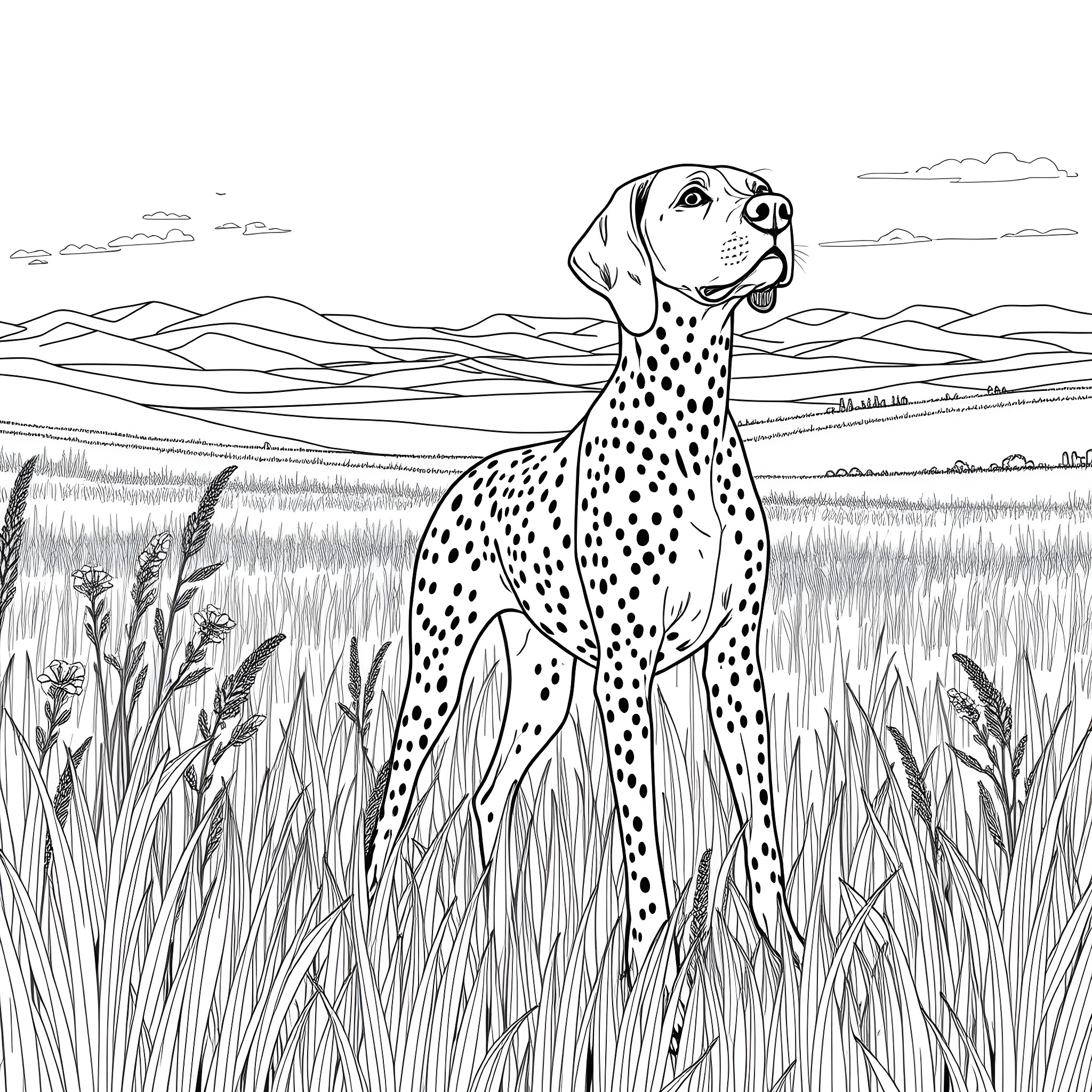 Dog exploring the countryside scenery Coloring Page (free black-and-white line drawing printable PDF for all, from beginners to advanced learners, including children, teens, adults, and seniors)
