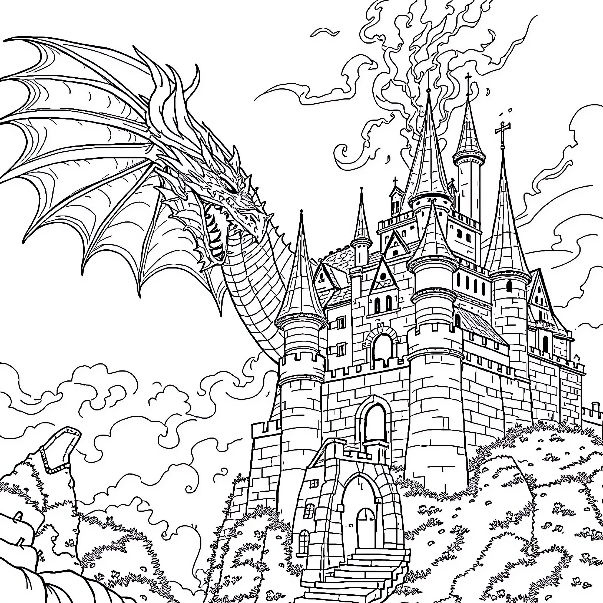 Dragon soaring over a majestic fantasy castle Coloring Page (free black-and-white line drawing printable PDF for all, from beginners to advanced learners, including children, teens, adults, and seniors)