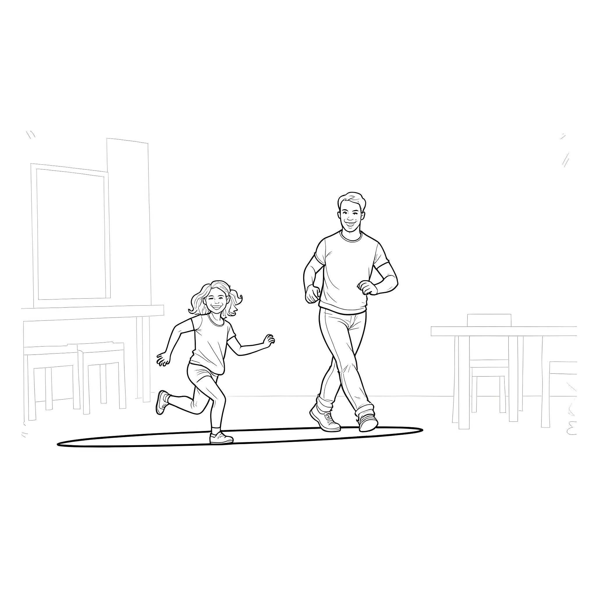 Dad and child playing together indoors Coloring Page (free black-and-white line drawing printable PDF for all, from beginners to advanced learners, including children, teens, adults, and seniors)