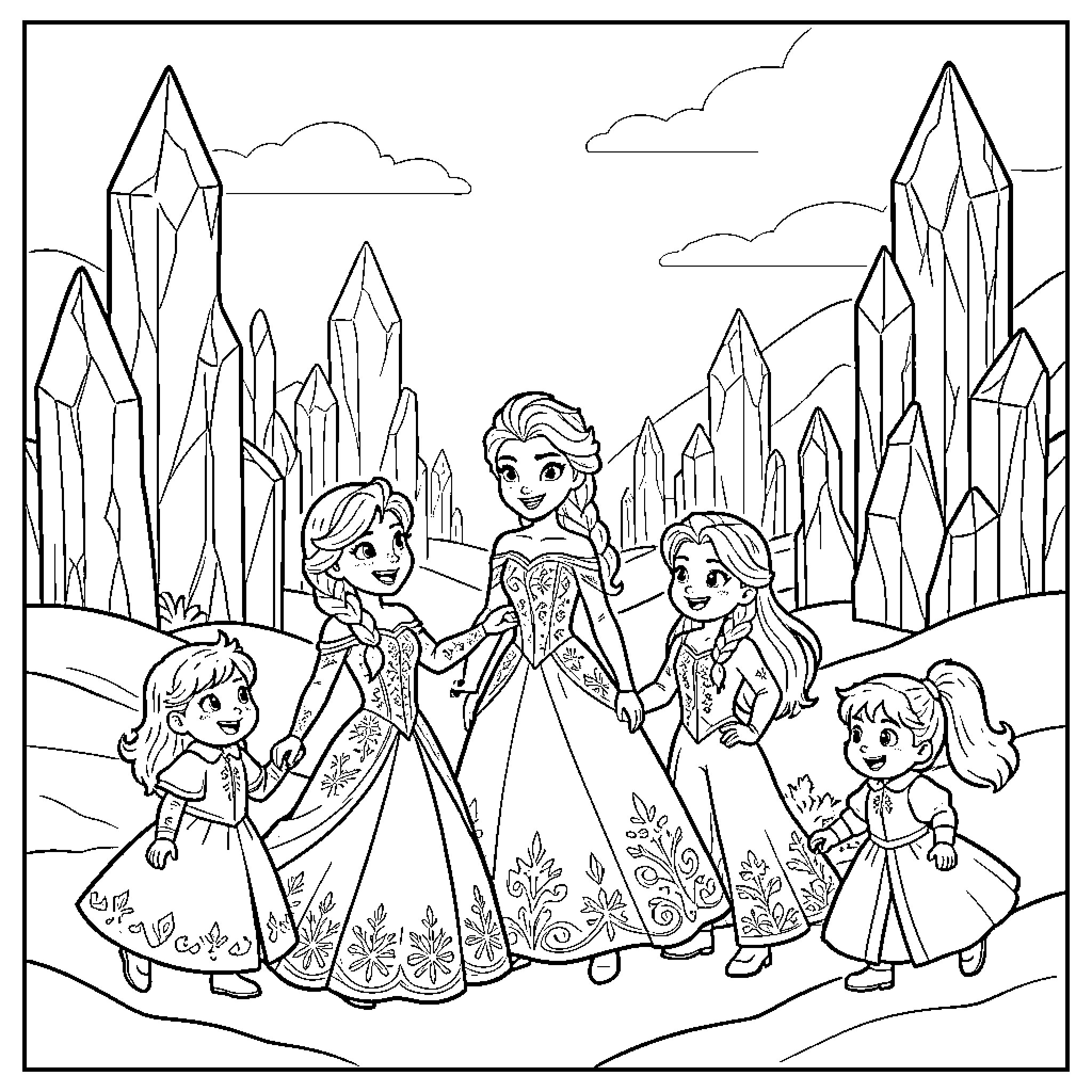 Elsa holding hands with her friends in a crystal landscape Coloring Page (free black-and-white line drawing printable PDF for all, from beginners to advanced learners, including children, teens, adults, and seniors)