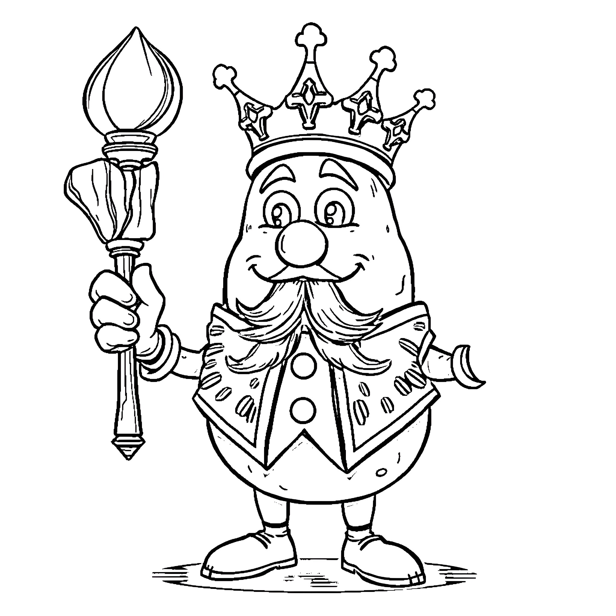 Potato character with crown and staff Coloring Page (free black-and-white line drawing printable PDF for all, from beginners to advanced learners, including children, teens, adults, and seniors)
