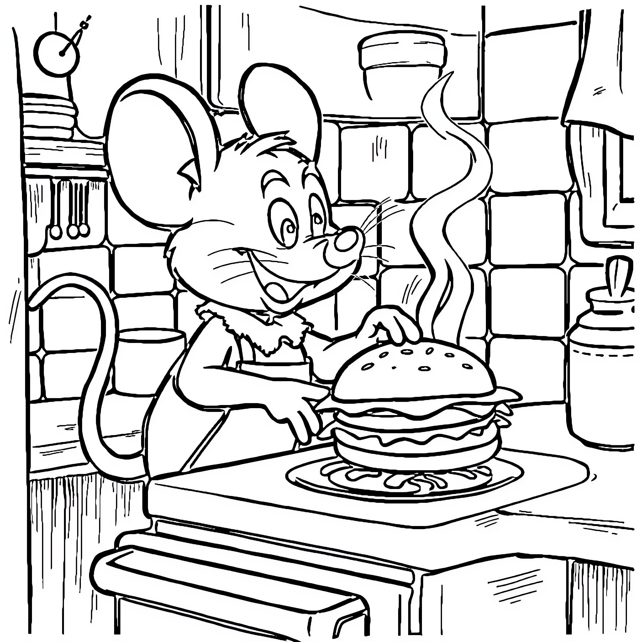 Mouse cooking a delicious meal in the kitchen Coloring Page (free black-and-white line drawing printable PDF for all, from beginners to advanced learners, including children, teens, adults, and seniors)