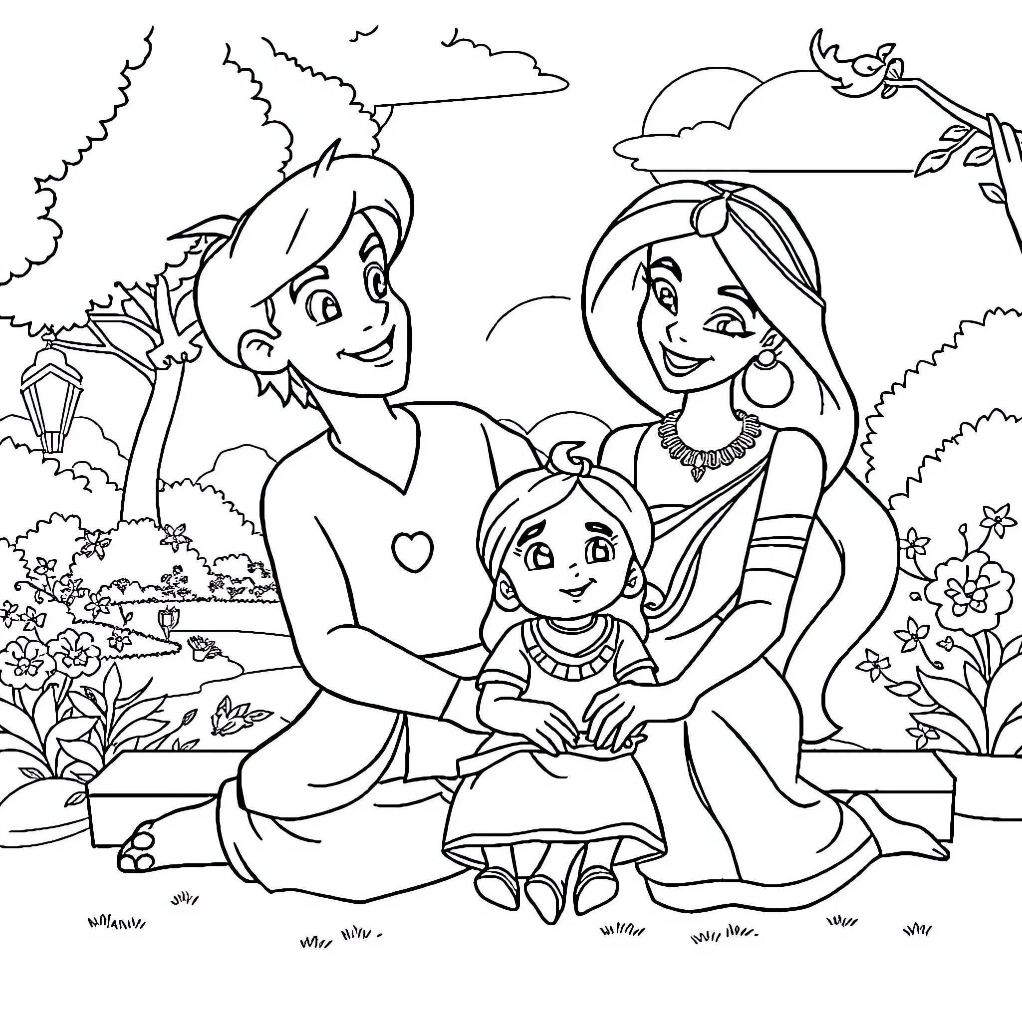 Aladdin and Jasmine with Young Girl in Floral Garden Coloring Page (free black-and-white line drawing printable PDF for all, from beginners to advanced learners, including children, teens, adults, and seniors)