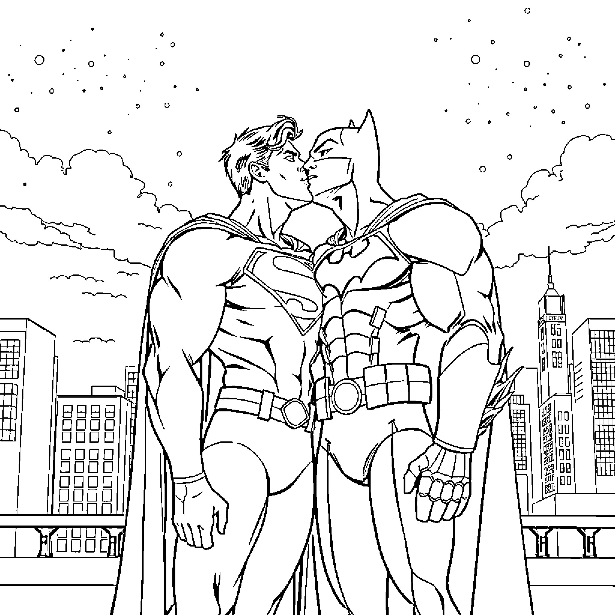 Superman and Batman in a romantic embrace over the city Coloring Page (free black-and-white line drawing printable PDF for all, from beginners to advanced learners, including children, teens, adults, and seniors)