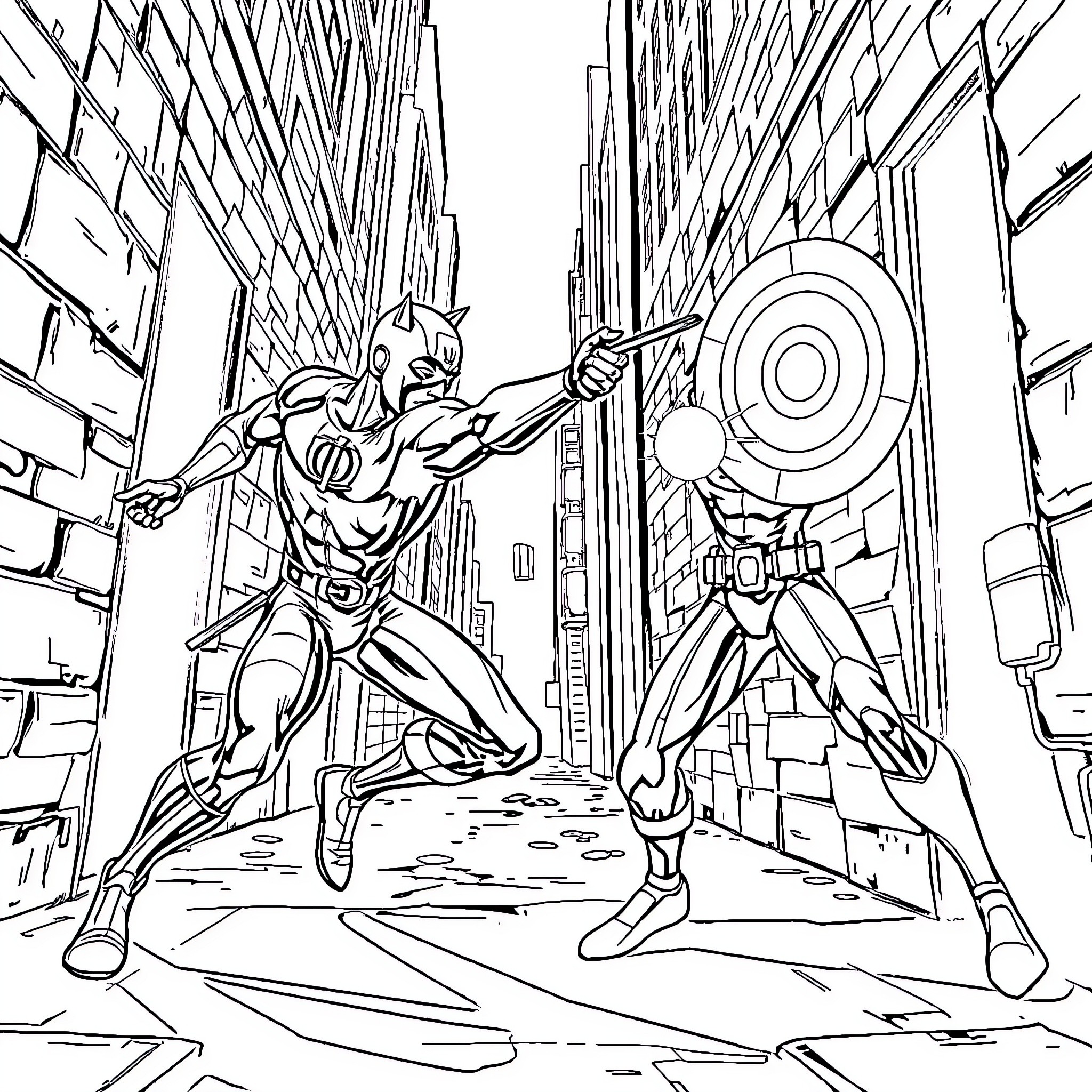 Daredevil heroes in action-packed urban scene Coloring Page (free black-and-white line drawing printable PDF for all, from beginners to advanced learners, including children, teens, adults, and seniors)