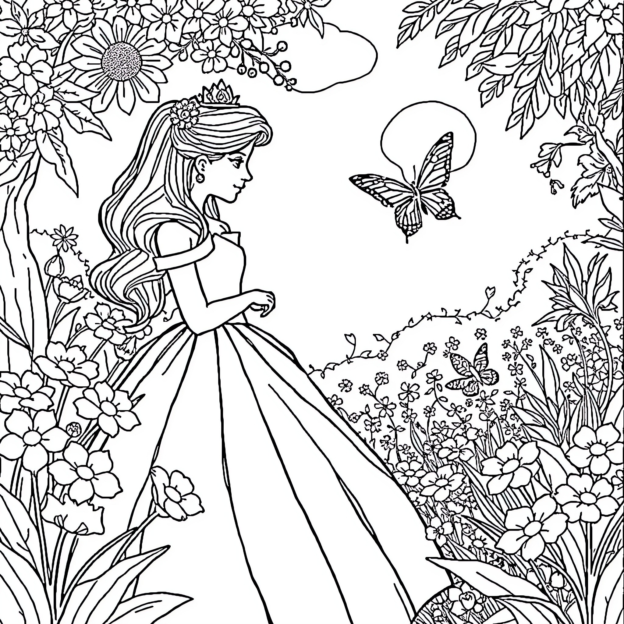 Princess in Enchanted Garden with Flowers and Butterfly Coloring Page (free black-and-white line drawing printable PDF for all, from beginners to advanced learners, including children, teens, adults, and seniors)