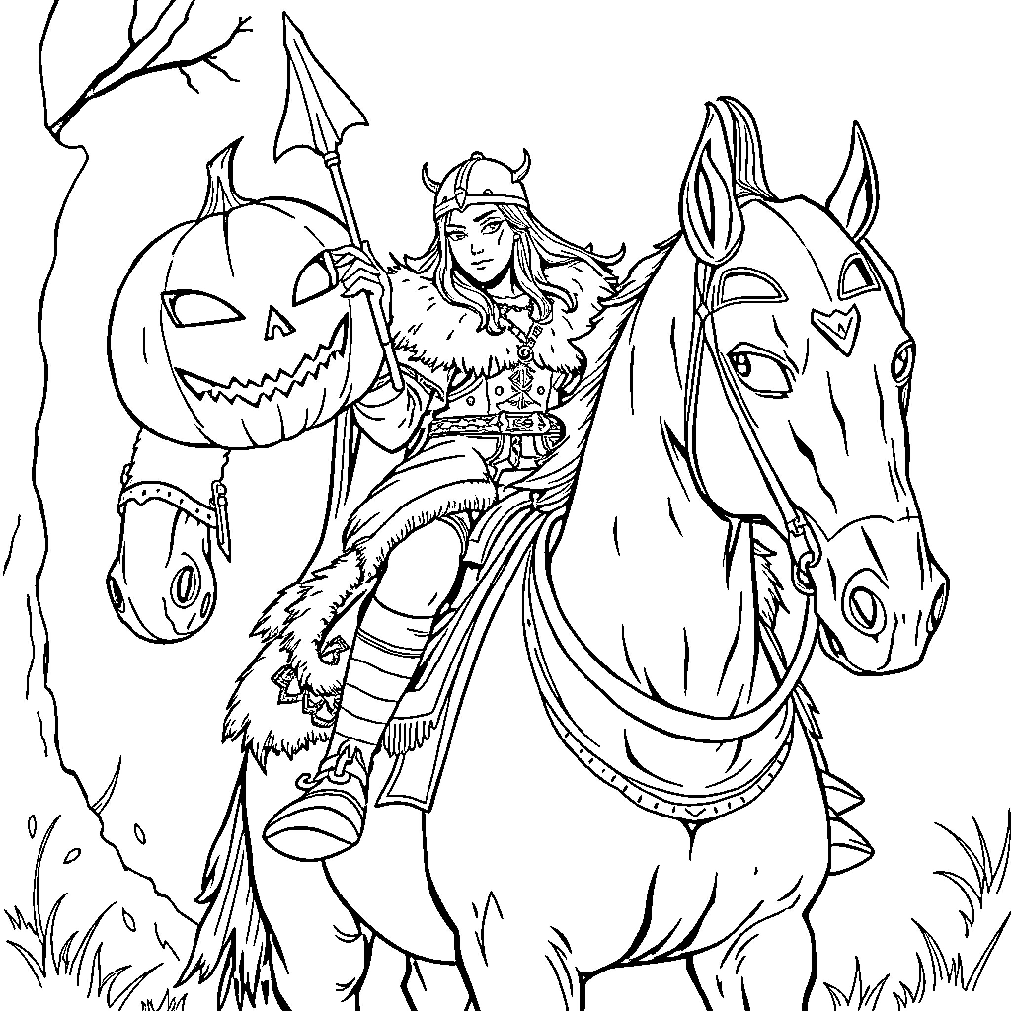 Viking Woman on Horseback with Pumpkin Coloring Page (free black-and-white line drawing printable PDF for all, from beginners to advanced learners, including children, teens, adults, and seniors)