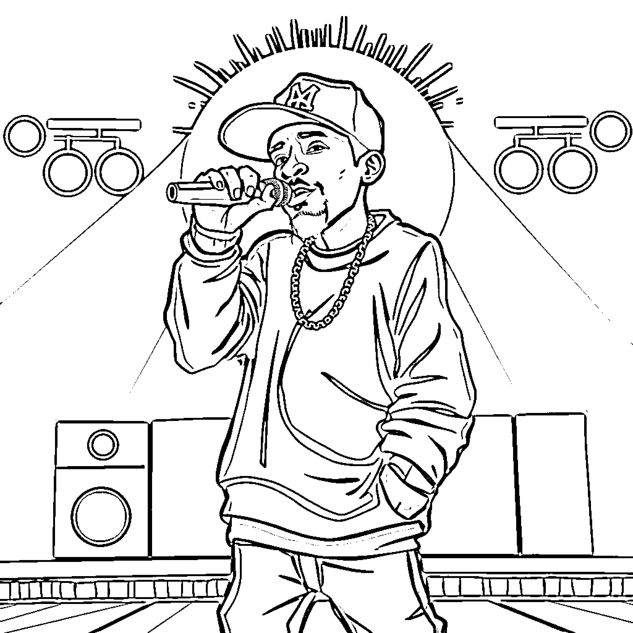 Boyfriend performing on stage with musical equipment Coloring Page (free black-and-white line drawing printable PDF for all, from beginners to advanced learners, including children, teens, adults, and seniors)