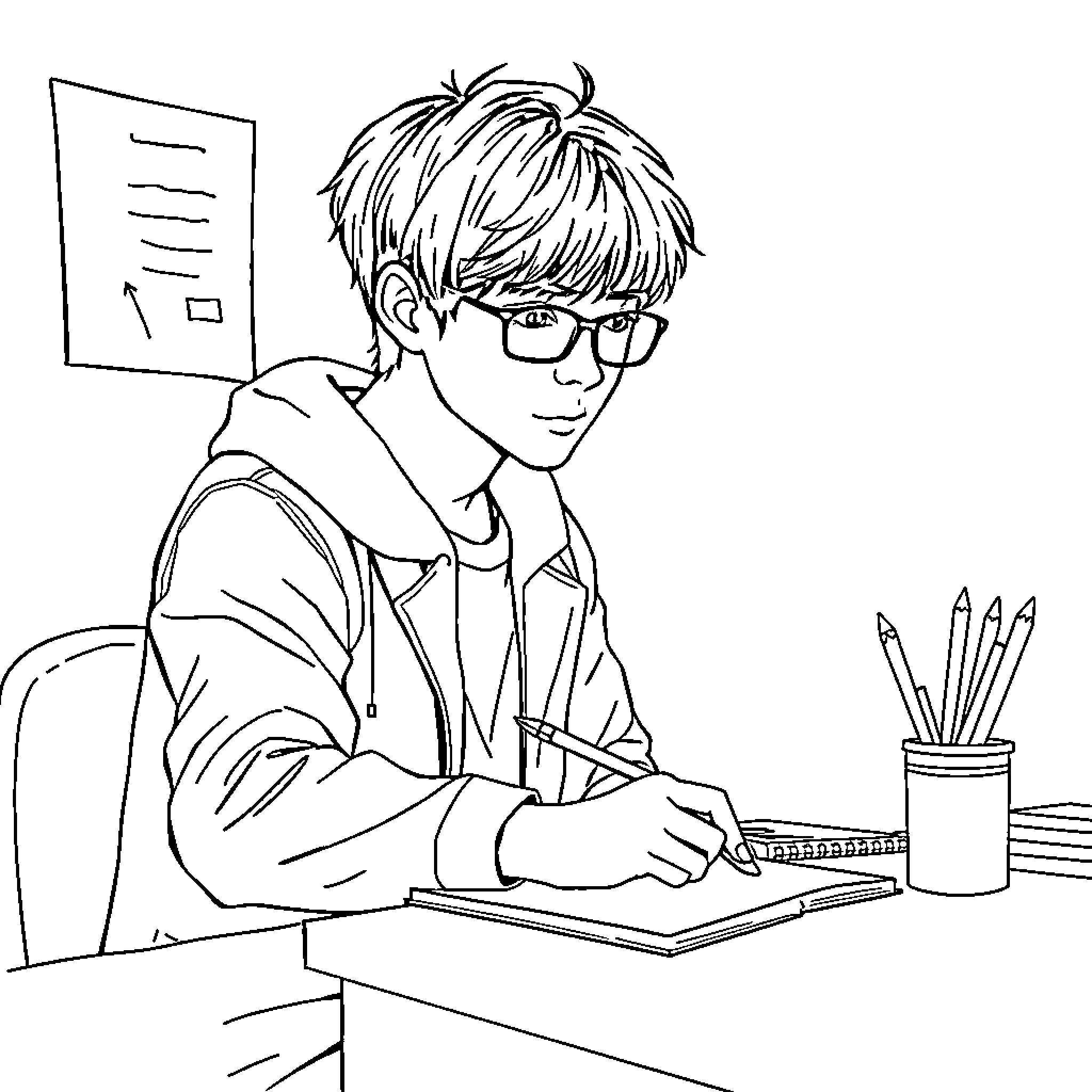 Kpop Hunter studies intently at his desk Coloring Page (free black-and-white line drawing printable PDF for all, from beginners to advanced learners, including children, teens, adults, and seniors)