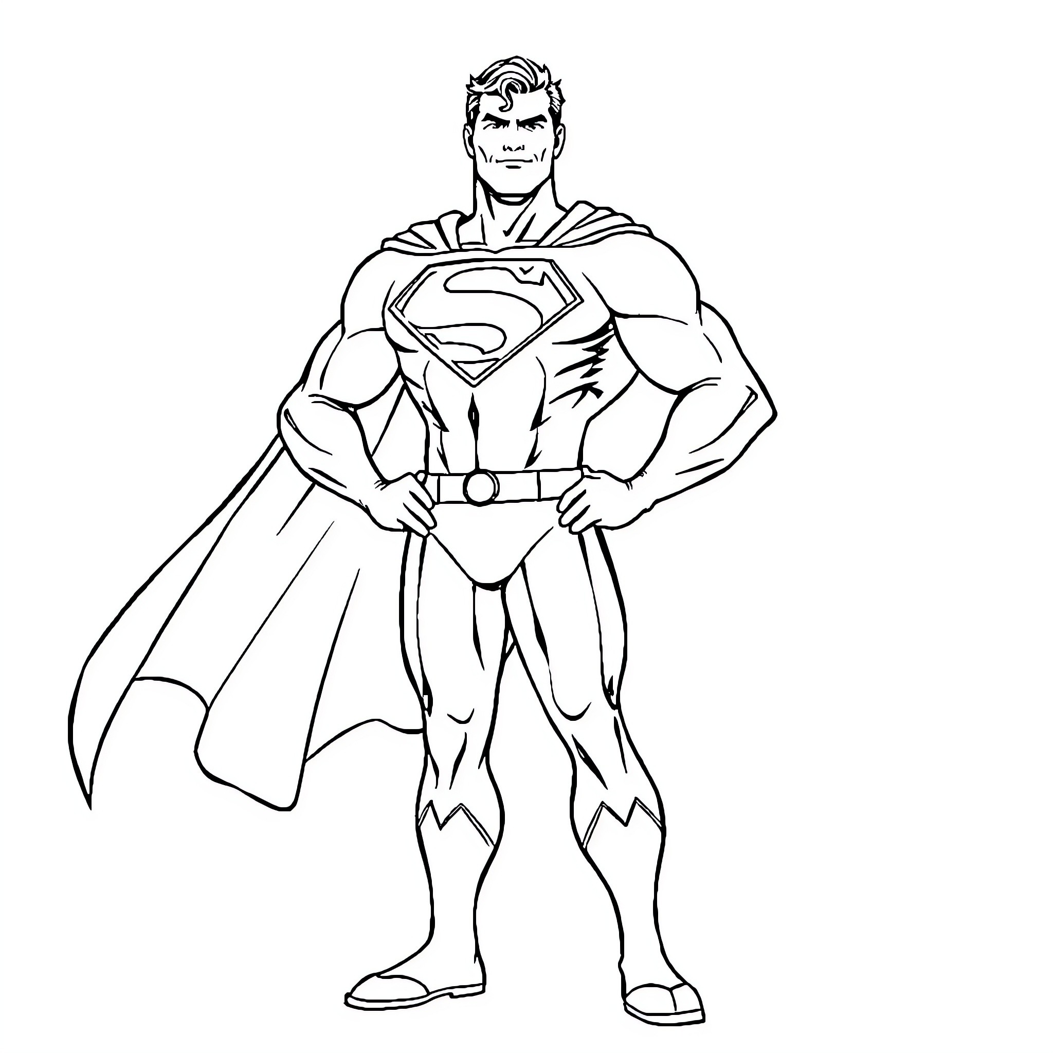 Superman in heroic pose Coloring Page (free black-and-white line drawing printable PDF for all, from beginners to advanced learners, including children, teens, adults, and seniors)