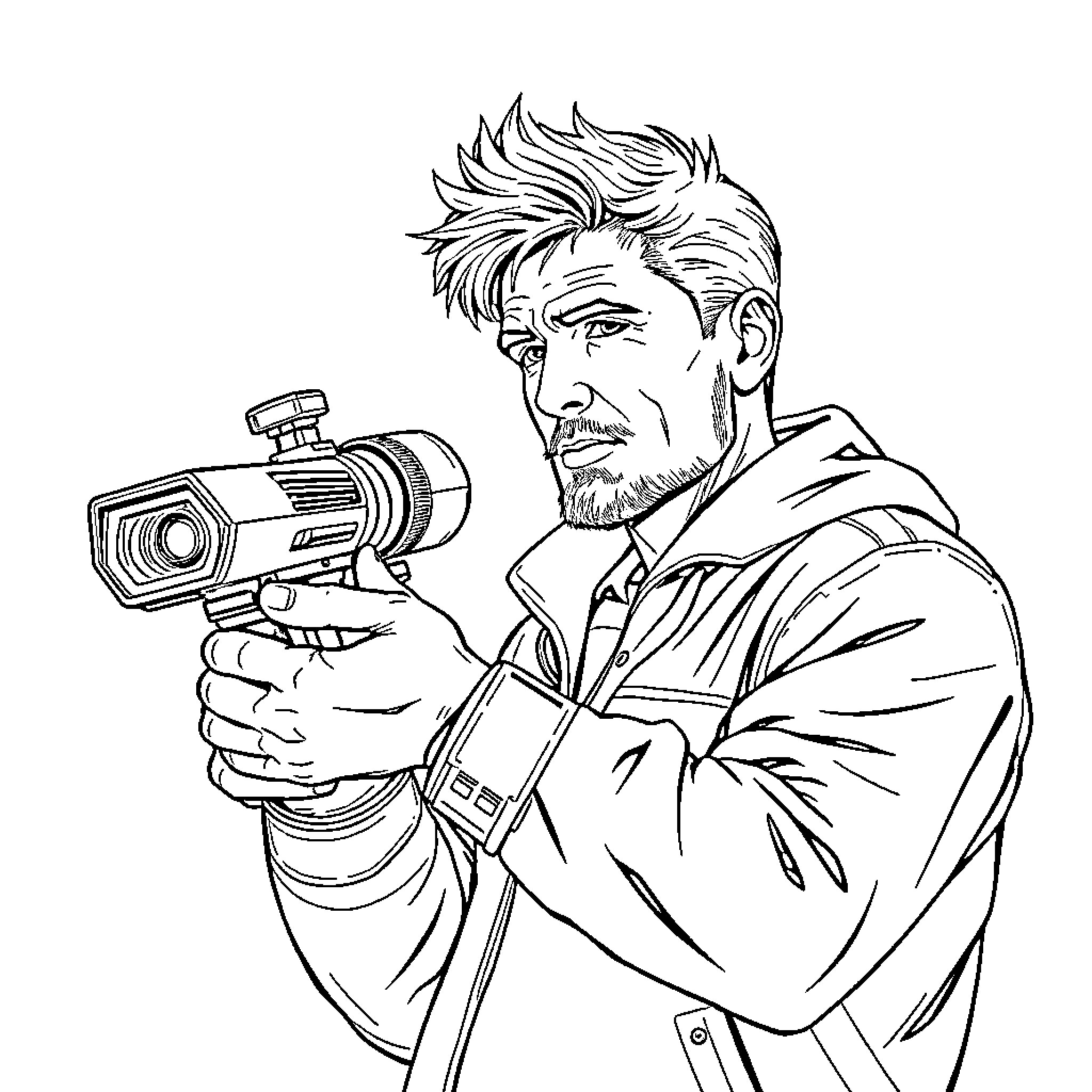 Человек целится из оружия в опасной ситуации Coloring Page (free black-and-white line drawing printable PDF for all, from beginners to advanced learners, including children, teens, adults, and seniors)