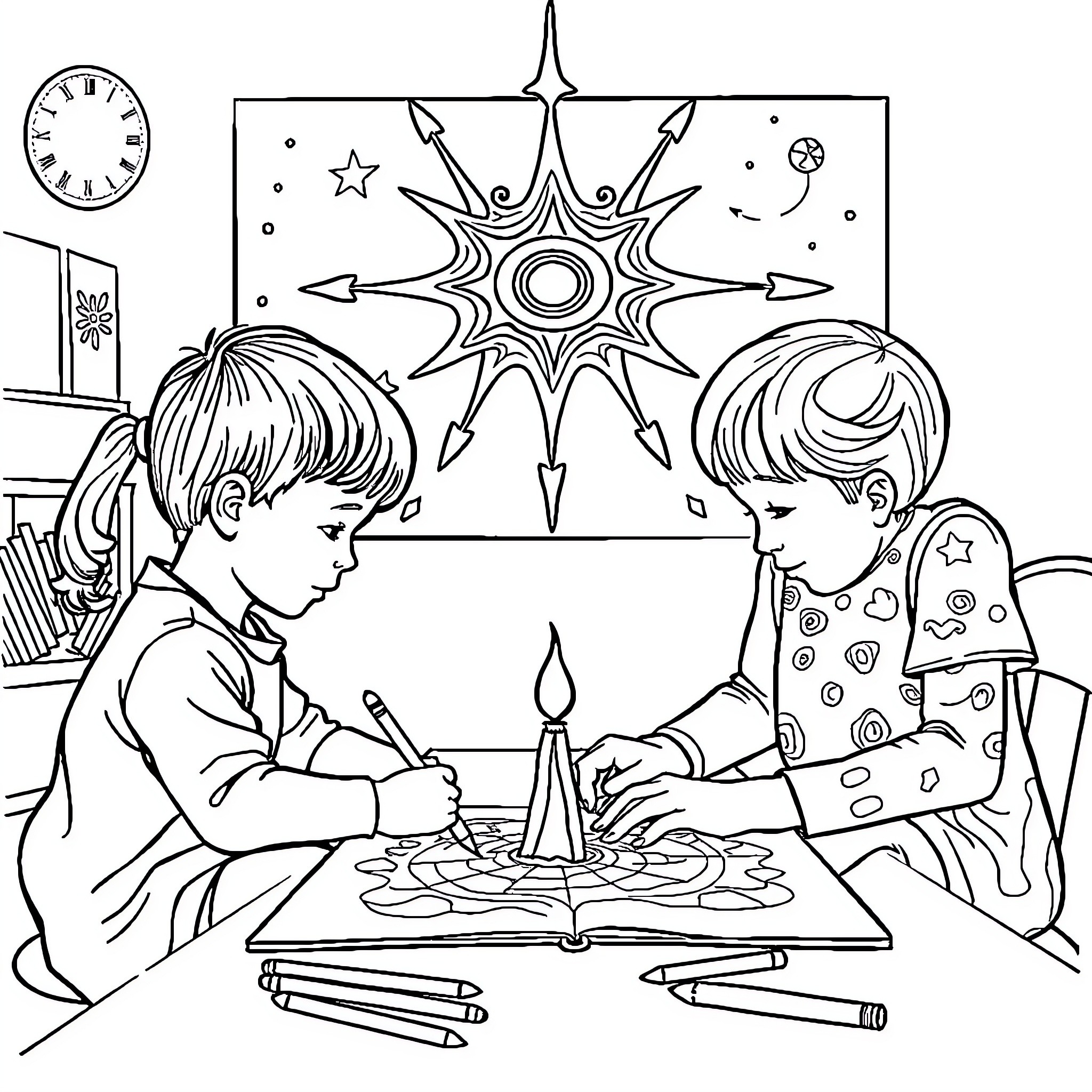 Kid Coloring Together with Friend Coloring Page (free black-and-white line drawing printable PDF for all, from beginners to advanced learners, including children, teens, adults, and seniors)
