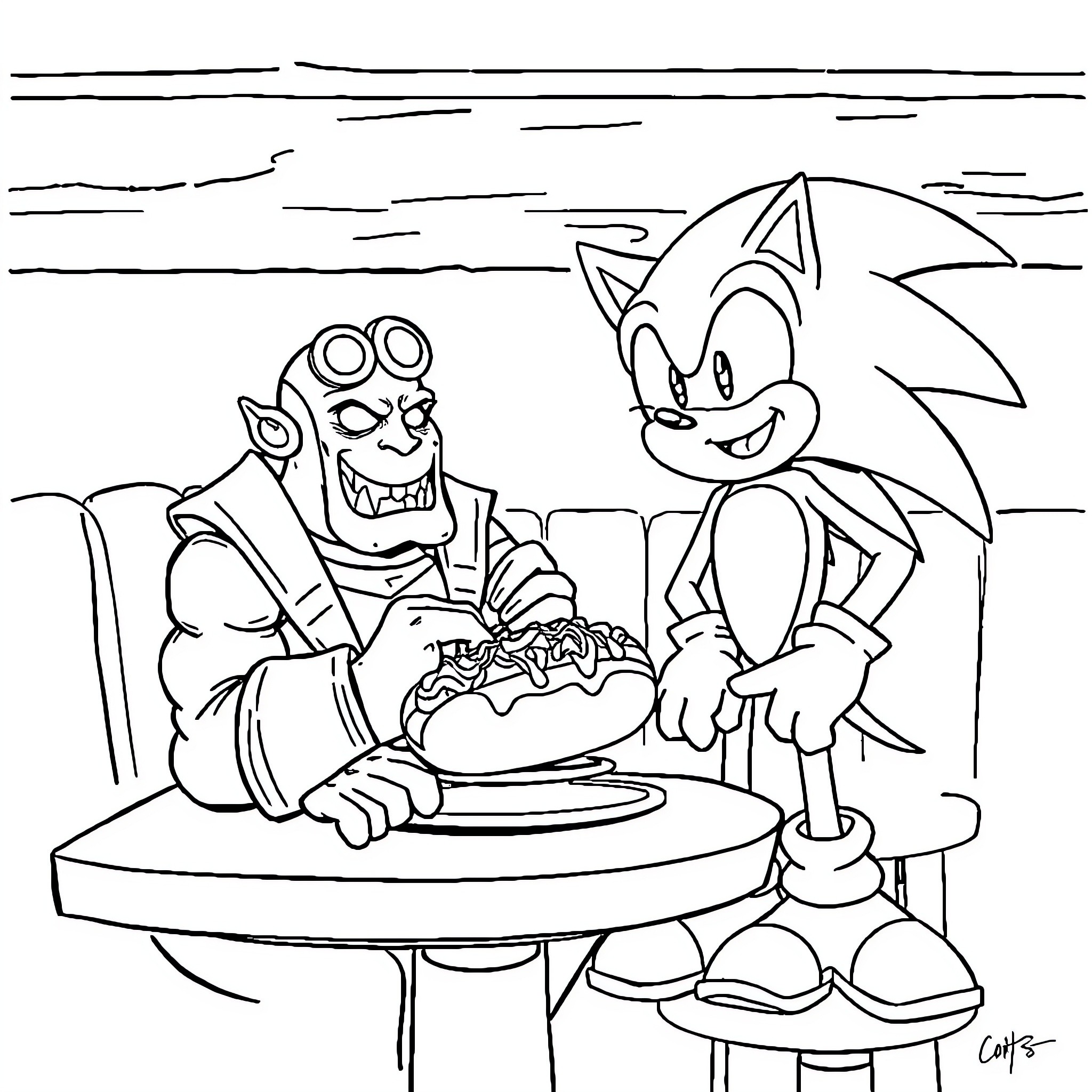 Hellboy and Sonic the Hedgehog enjoy a meal together Coloring Page (free black-and-white line drawing printable PDF for all, from beginners to advanced learners, including children, teens, adults, and seniors)