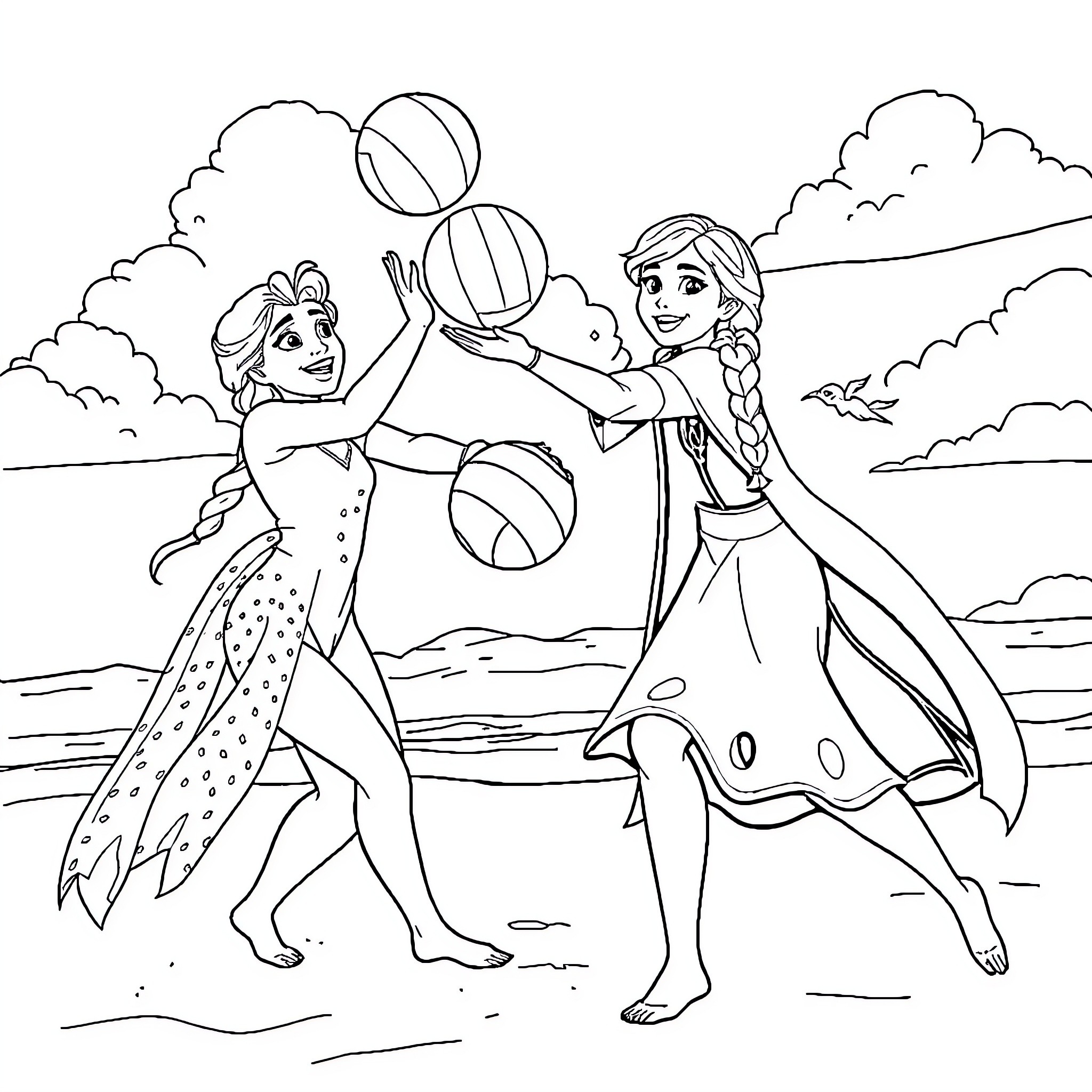 Elsa and Anna playing with beach balls on the shore Coloring Page (free black-and-white line drawing printable PDF for all, from beginners to advanced learners, including children, teens, adults, and seniors)