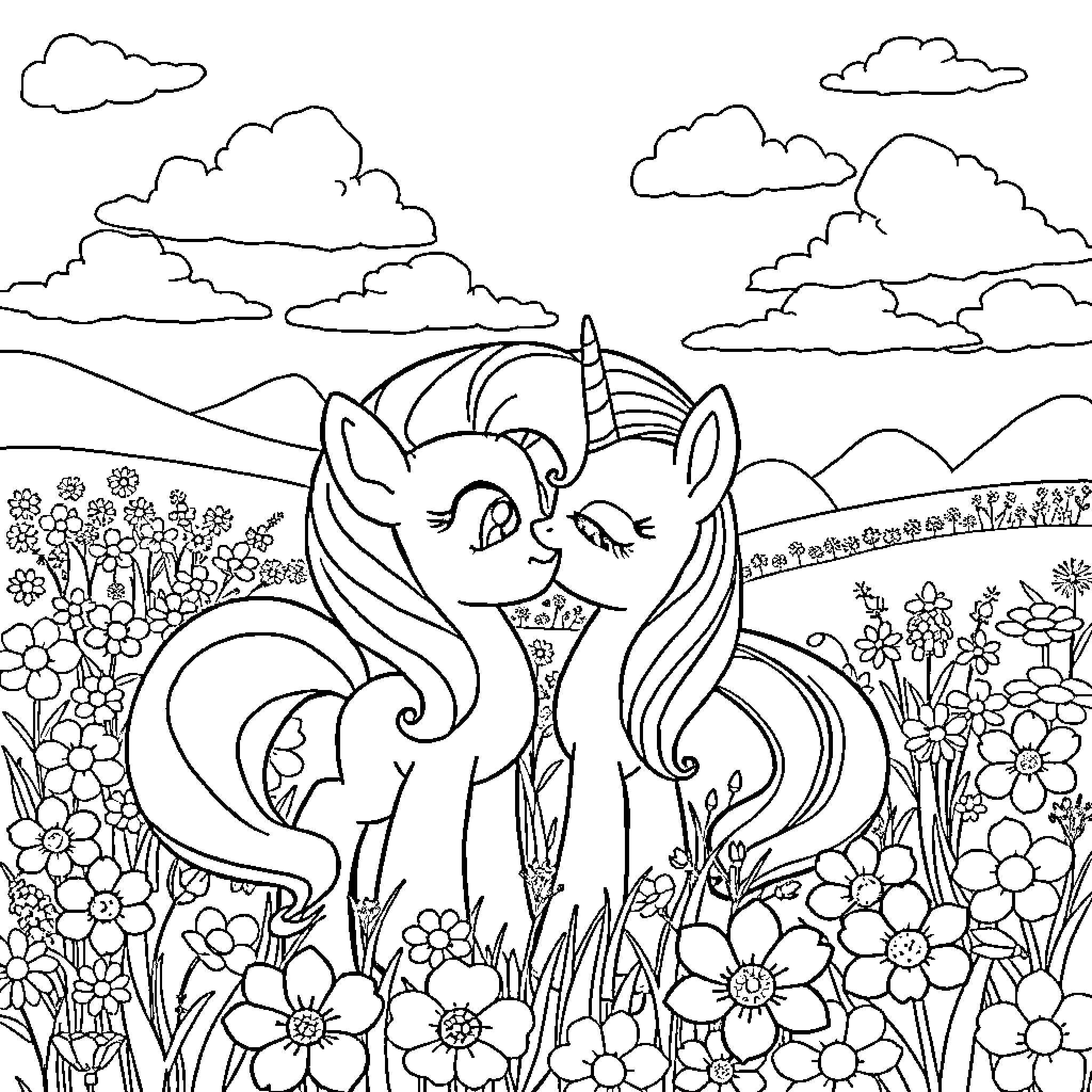 Fluttershy enjoying the peaceful nature scene Coloring Page (free black-and-white line drawing printable PDF for all, from beginners to advanced learners, including children, teens, adults, and seniors)