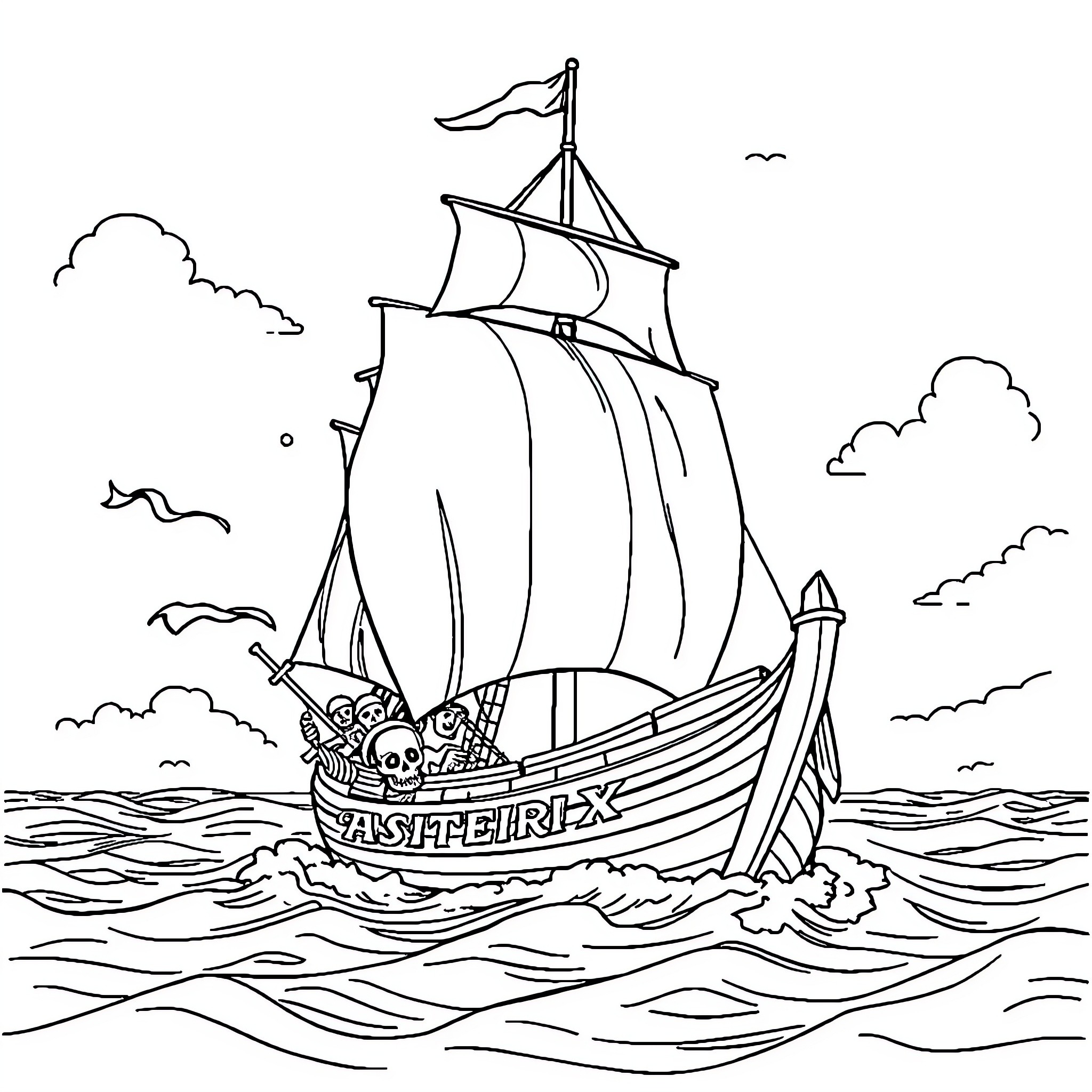 Pirate Ship Sailing on Stormy Seas Coloring Page (free black-and-white line drawing printable PDF for all, from beginners to advanced learners, including children, teens, adults, and seniors)