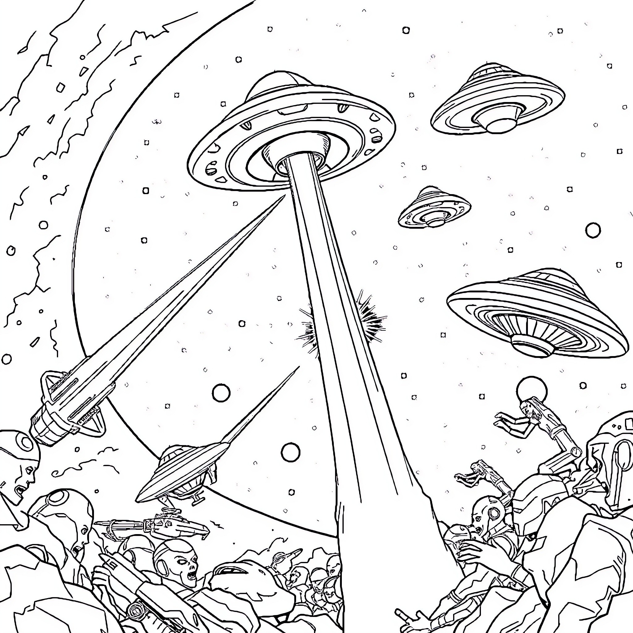 Alien invasion of spacecraft and extraterrestrials Coloring Page (free black-and-white line drawing printable PDF for all, from beginners to advanced learners, including children, teens, adults, and seniors)
