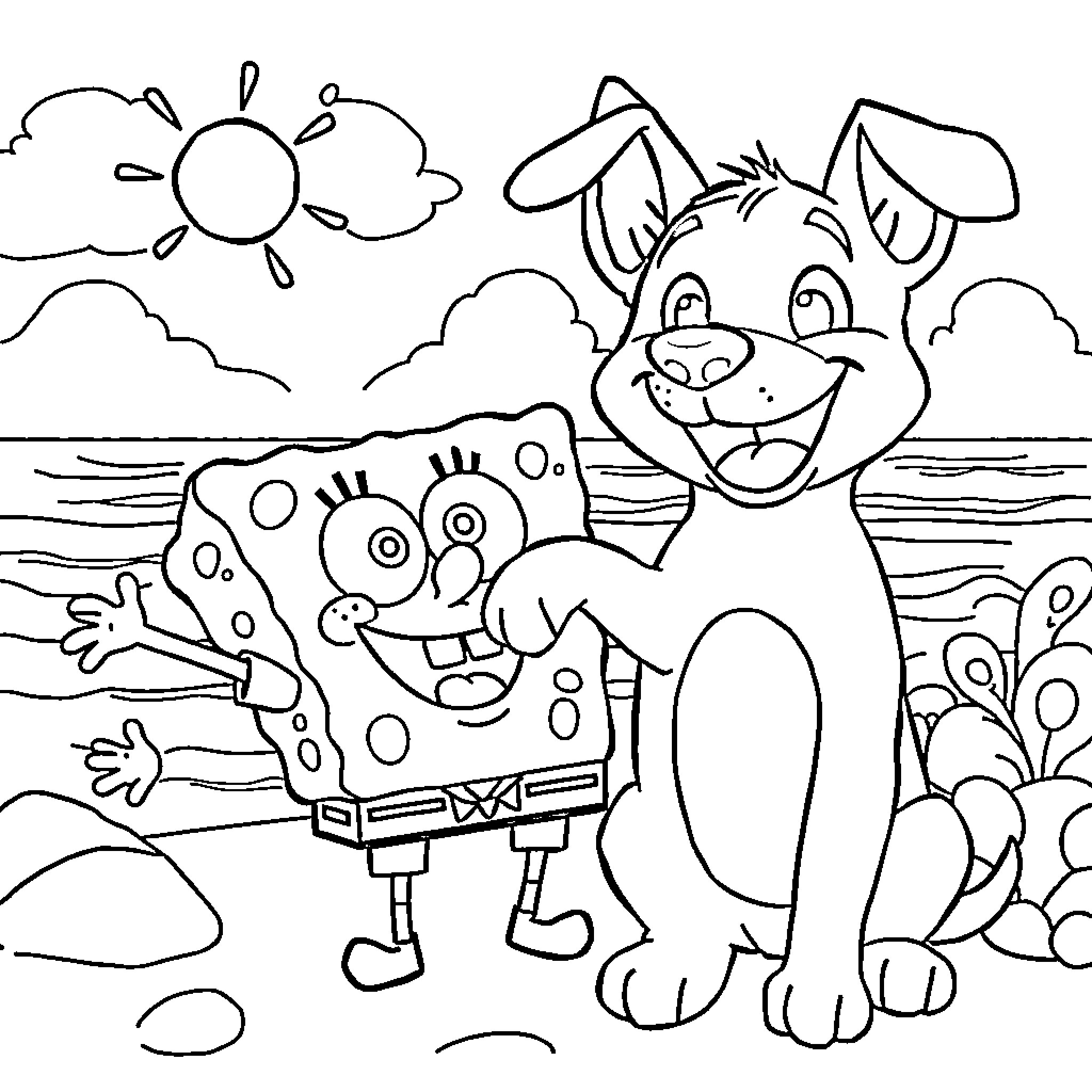 Bluey and SpongeBob playing at the beach Coloring Page (free black-and-white line drawing printable PDF for all, from beginners to advanced learners, including children, teens, adults, and seniors)