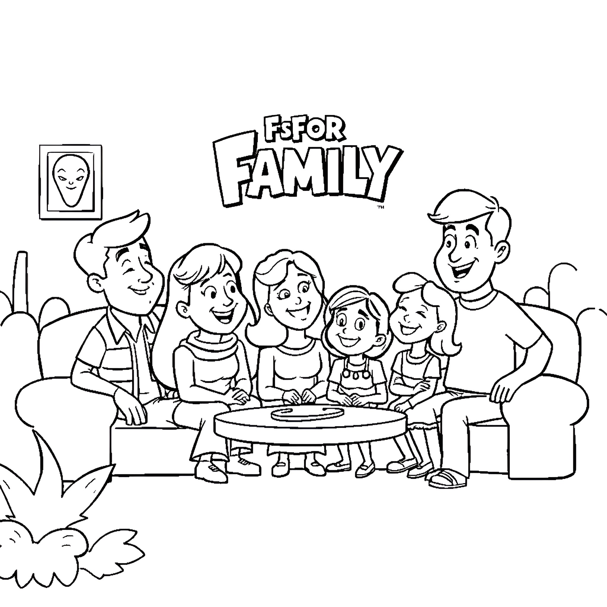 Festive Family Enjoying Meal Together Coloring Page (free black-and-white line drawing printable PDF for all, from beginners to advanced learners, including children, teens, adults, and seniors)
