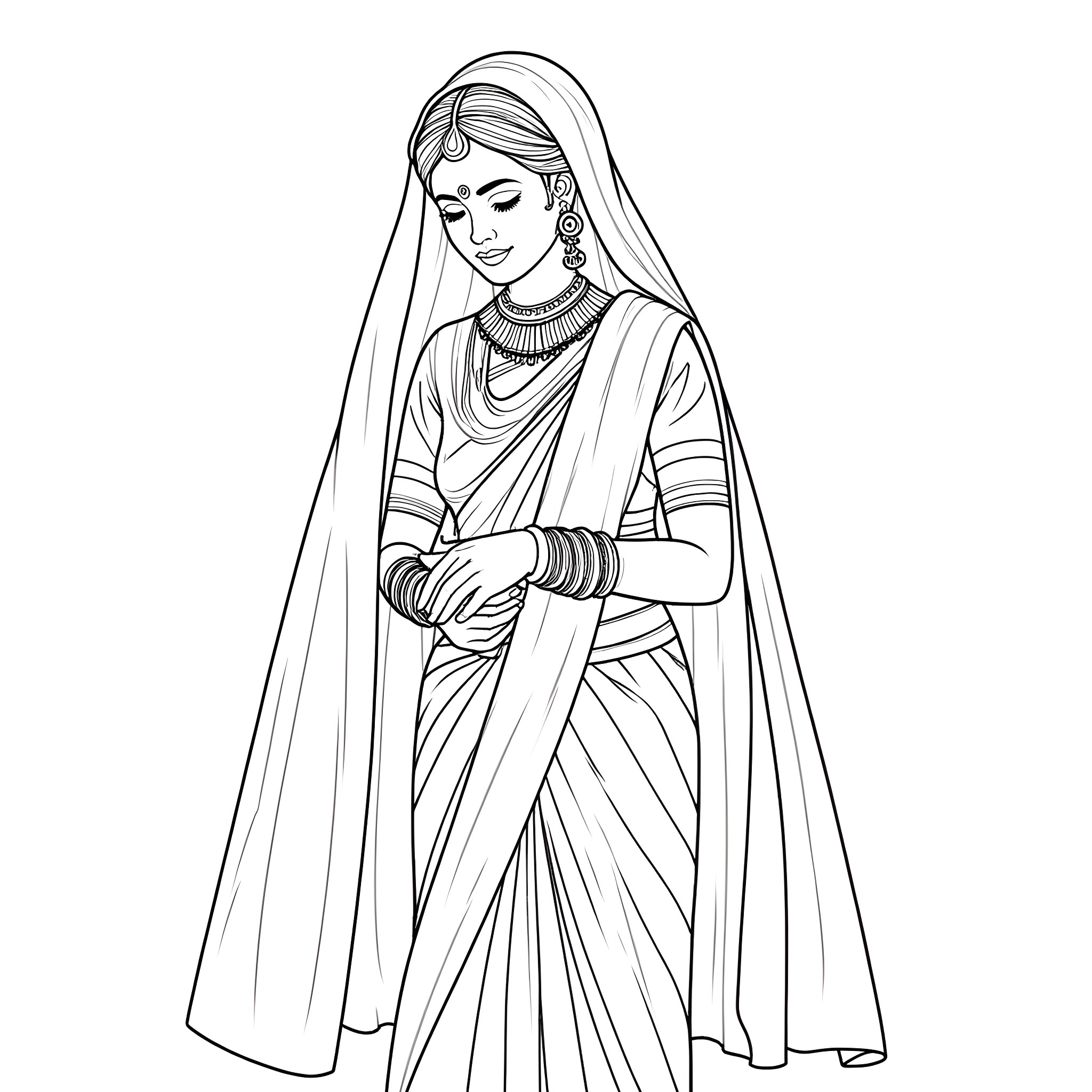 Lady in traditional Indian attire Coloring Page (free black-and-white line drawing printable PDF for all, from beginners to advanced learners, including children, teens, adults, and seniors)