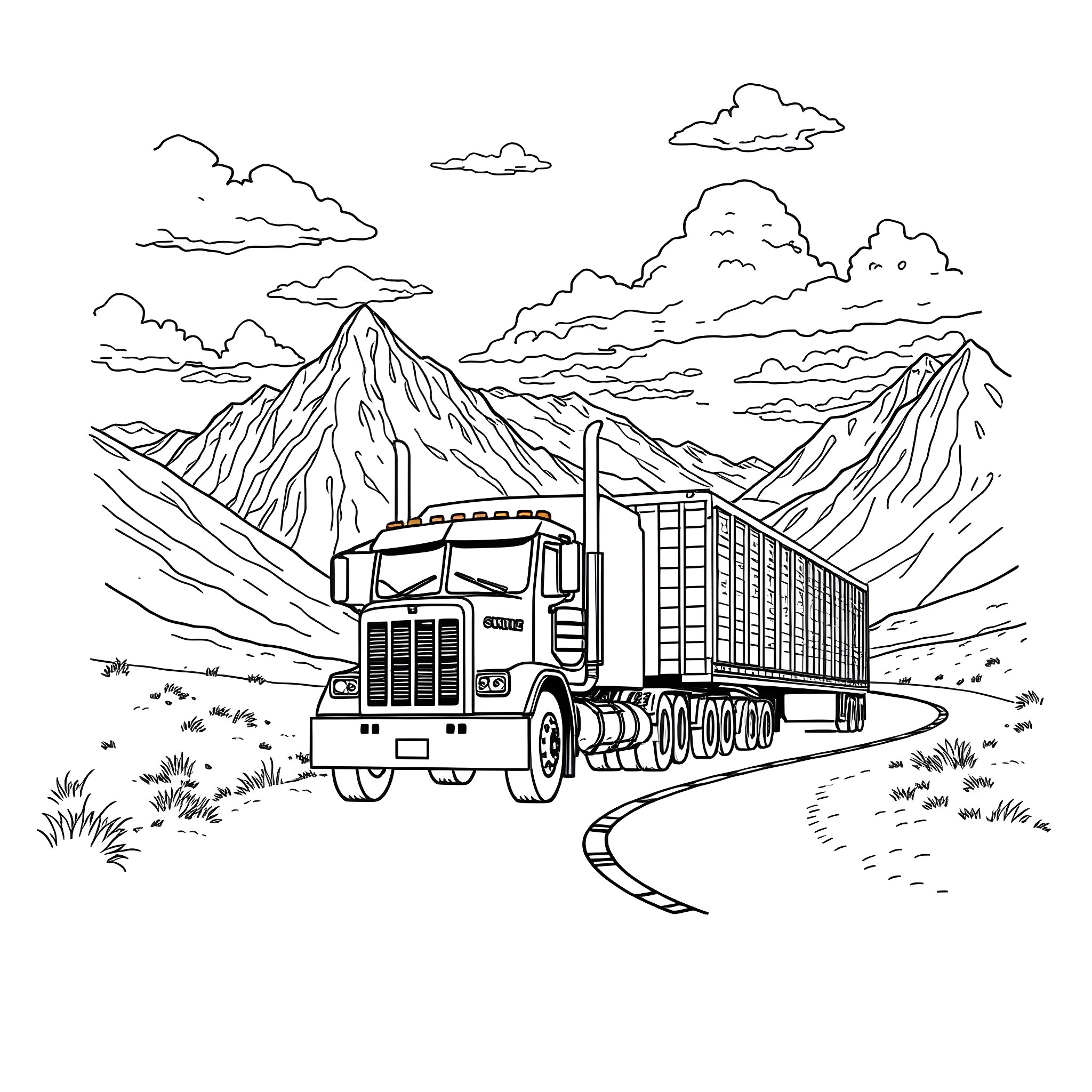 Hauling heavy cargo through rugged mountain scenery Coloring Page (free black-and-white line drawing printable PDF for all, from beginners to advanced learners, including children, teens, adults, and seniors)
