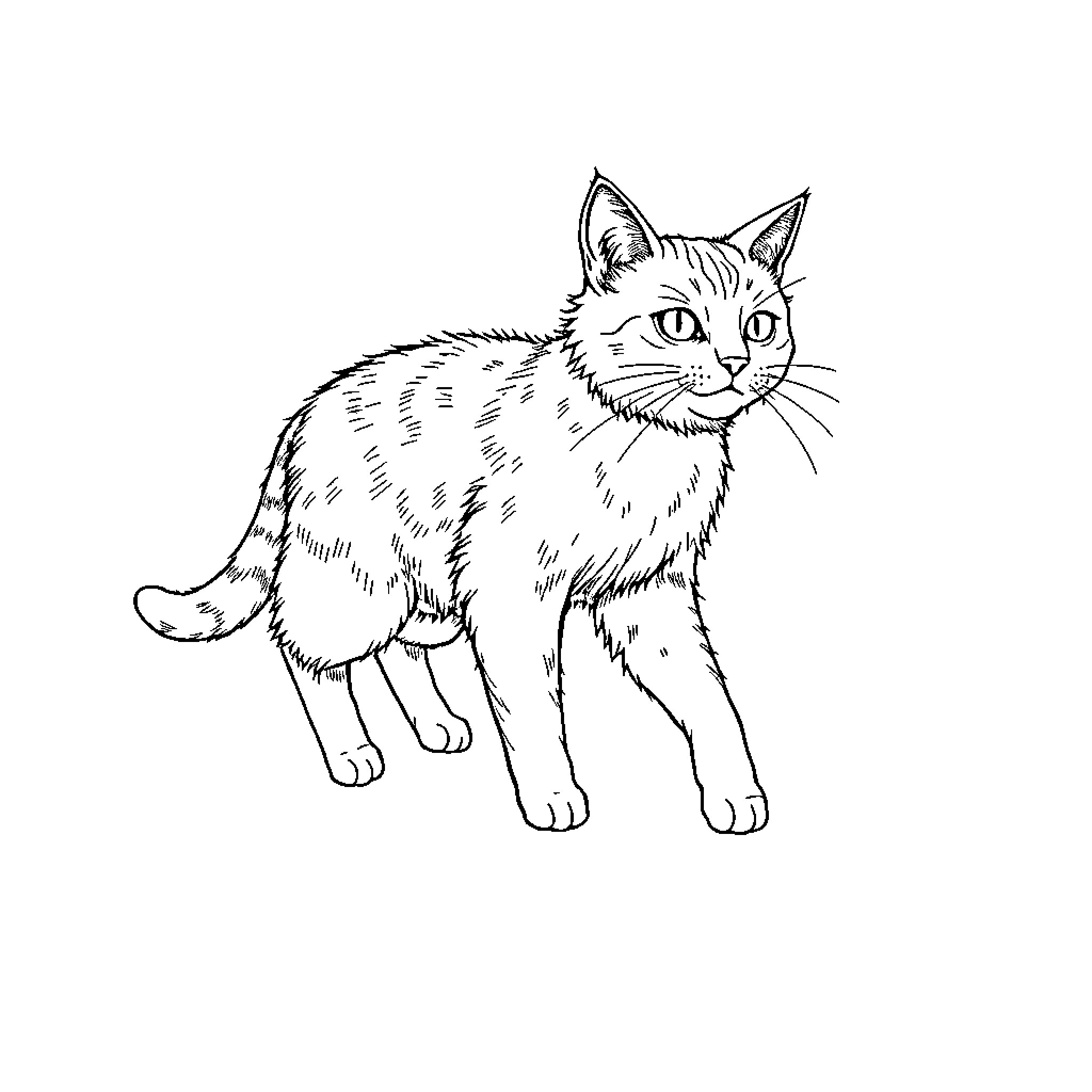 Cat in simple black and white line art Coloring Page (free black-and-white line drawing printable PDF for all, from beginners to advanced learners, including children, teens, adults, and seniors)