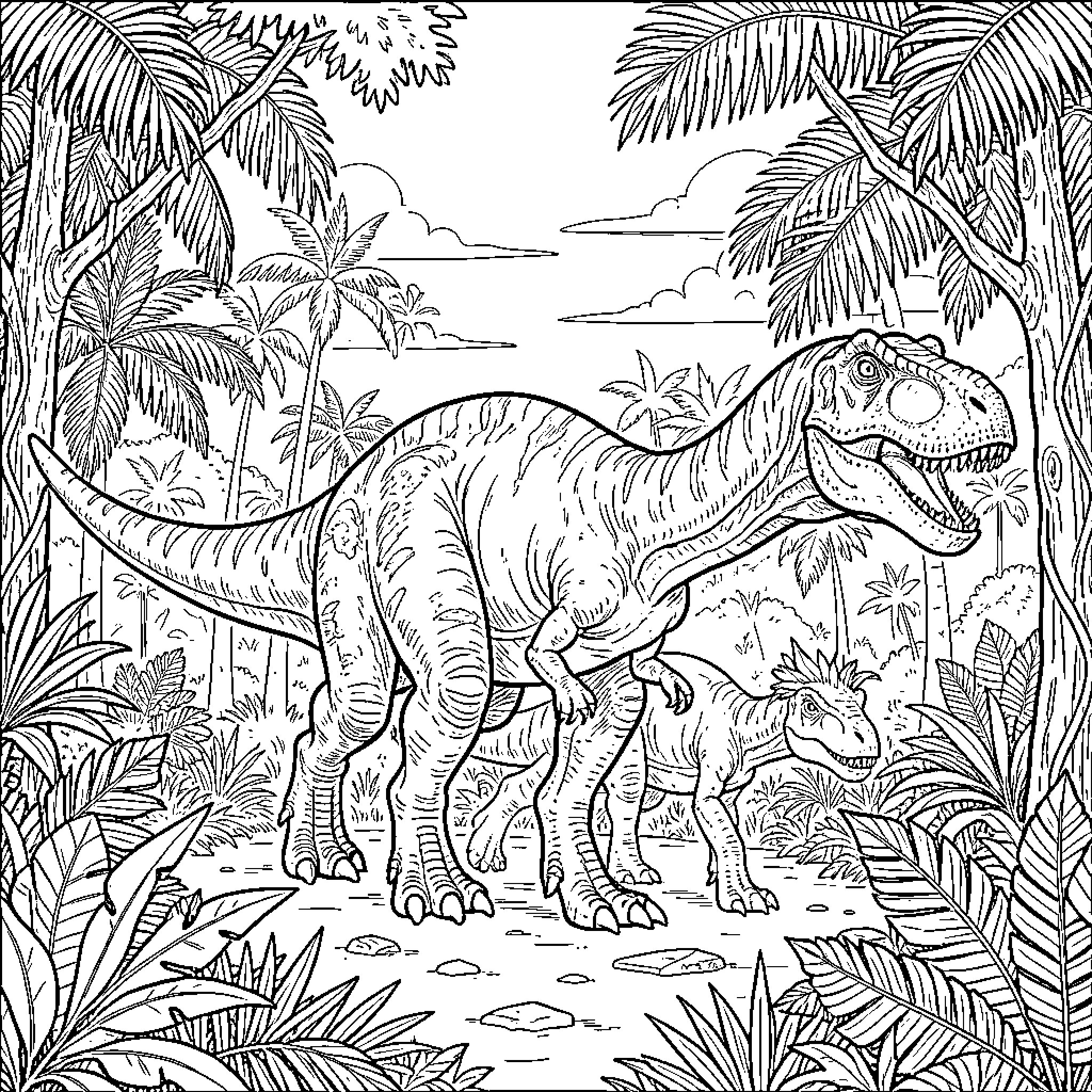 Dinosaur adventure in the tropical jungle Coloring Page (free black-and-white line drawing printable PDF for all, from beginners to advanced learners, including children, teens, adults, and seniors)