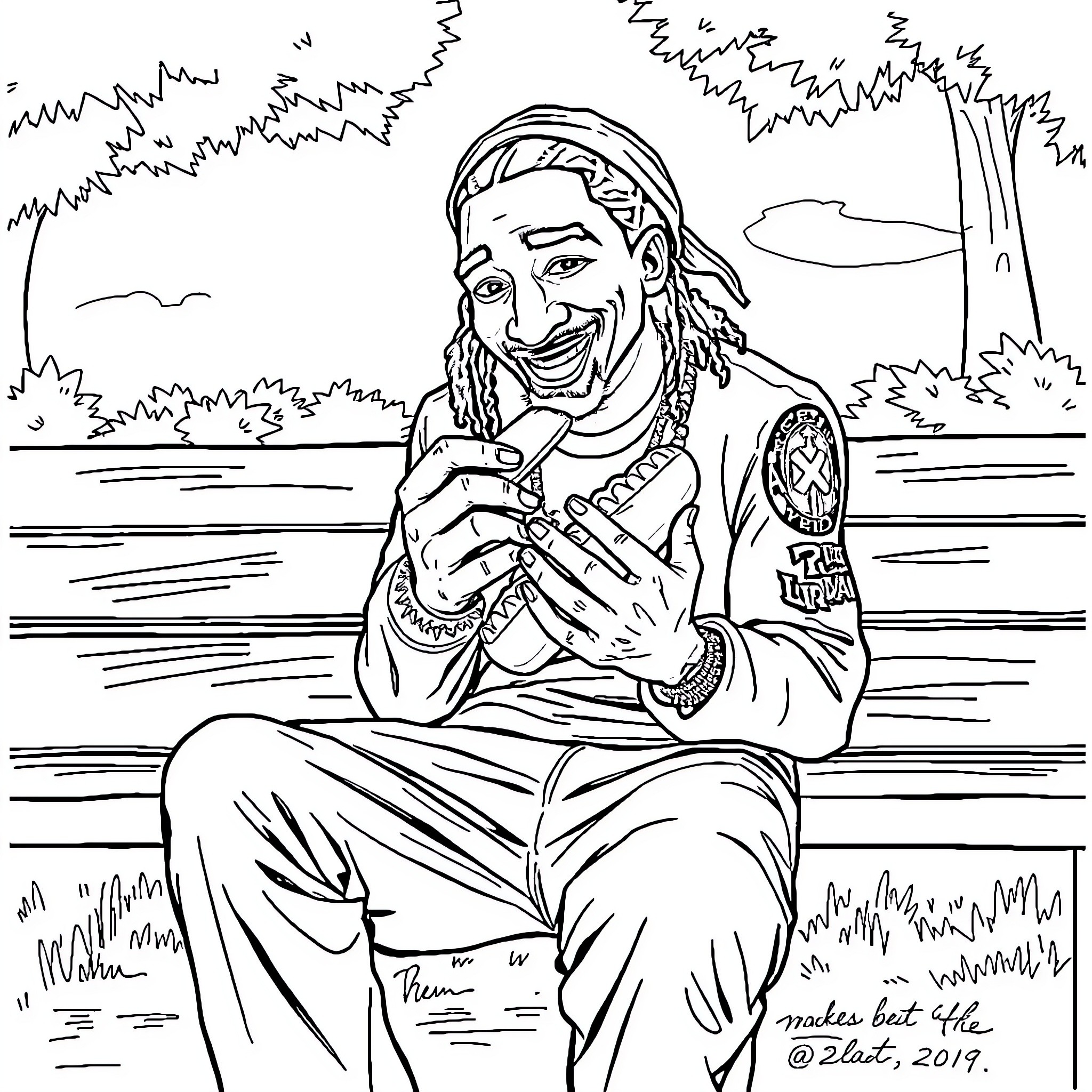 2pac enjoying music in the park Coloring Page (free black-and-white line drawing printable PDF for all, from beginners to advanced learners, including children, teens, adults, and seniors)