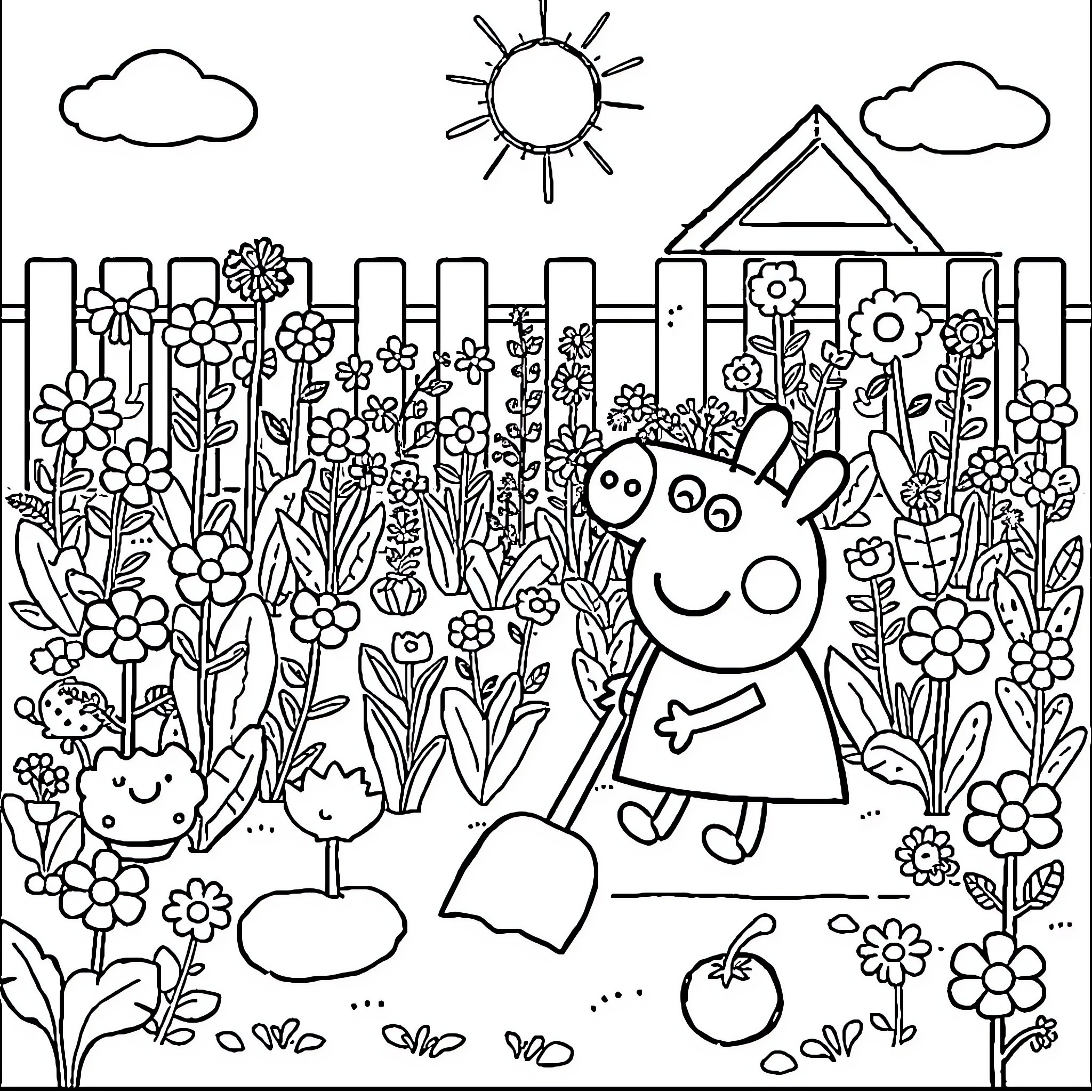 Peppa Pig playing in a blooming garden Coloring Page (free black-and-white line drawing printable PDF for all, from beginners to advanced learners, including children, teens, adults, and seniors)