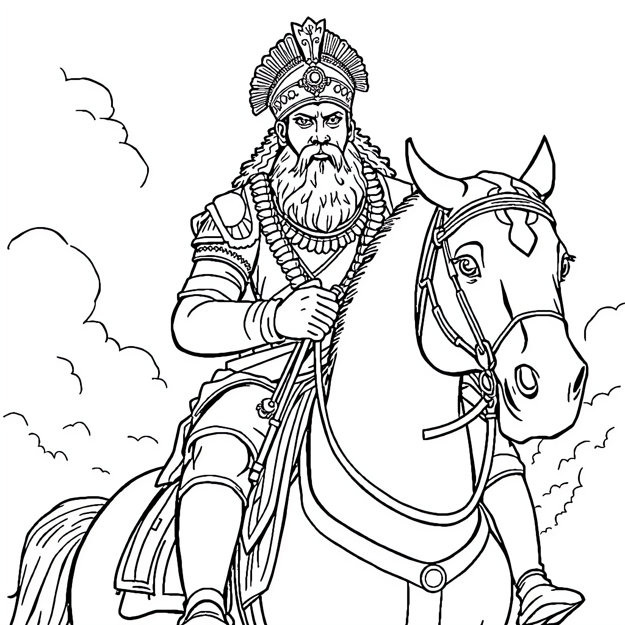 Shivaji Maharaj on horseback in regal attire Coloring Page (free black-and-white line drawing printable PDF for all, from beginners to advanced learners, including children, teens, adults, and seniors)