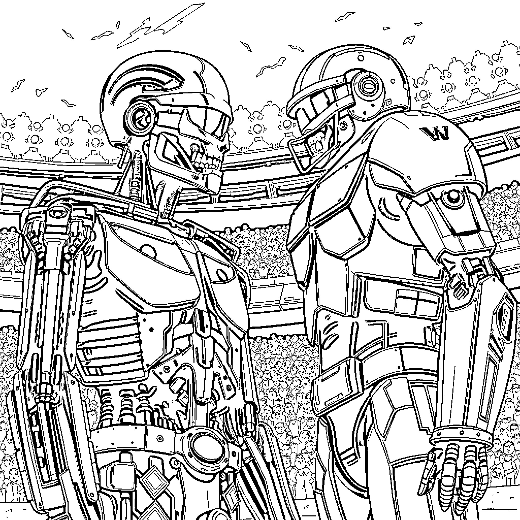 Terminator robots in futuristic battle scene Coloring Page (free black-and-white line drawing printable PDF for all, from beginners to advanced learners, including children, teens, adults, and seniors)