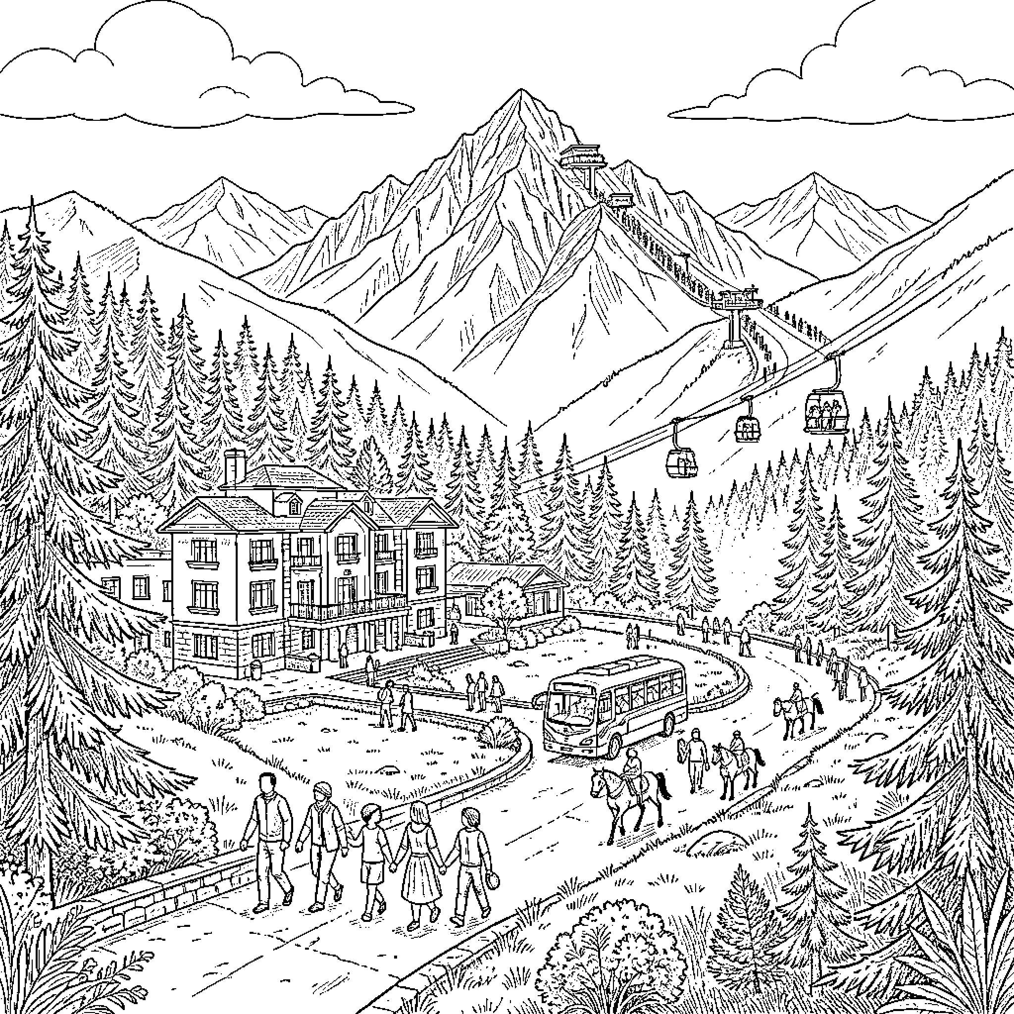 Mountain scenery featuring a lodge and people walking Coloring Page (free black-and-white line drawing printable PDF for all, from beginners to advanced learners, including children, teens, adults, and seniors)