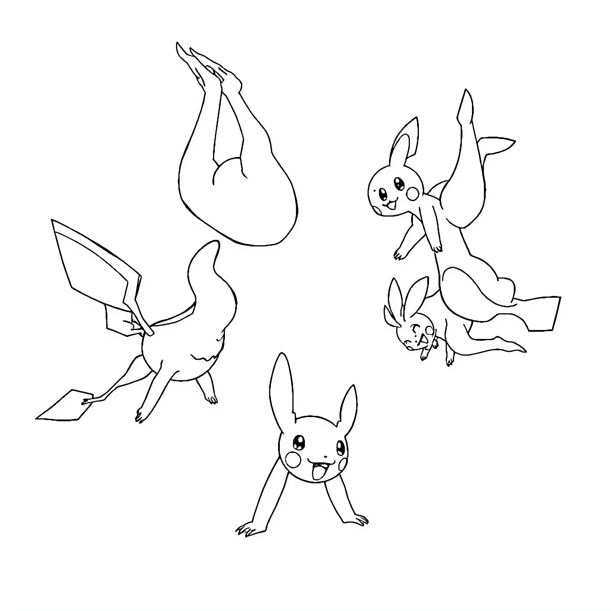Pokémon Creatures Playfully Posing Coloring Page (free black-and-white line drawing printable PDF for all, from beginners to advanced learners, including children, teens, adults, and seniors)