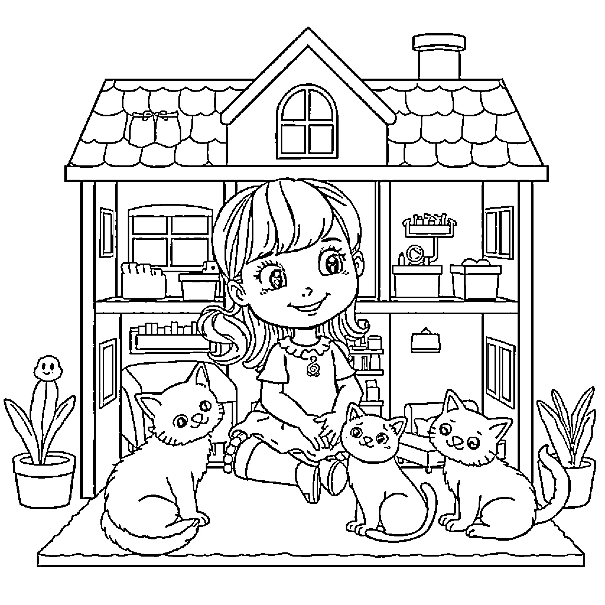 Gabby's Dollhouse with Cute Cats and Girl Coloring Page (free black-and-white line drawing printable PDF for all, from beginners to advanced learners, including children, teens, adults, and seniors)