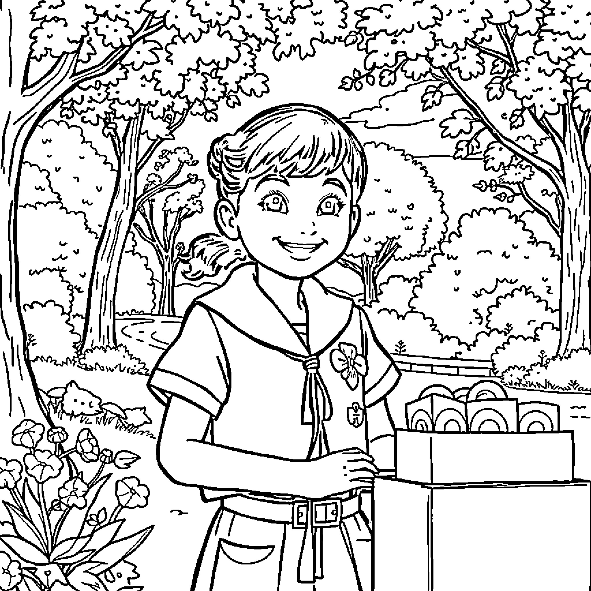 Girl Scout selling cookies in forest setting Coloring Page (free black-and-white line drawing printable PDF for all, from beginners to advanced learners, including children, teens, adults, and seniors)