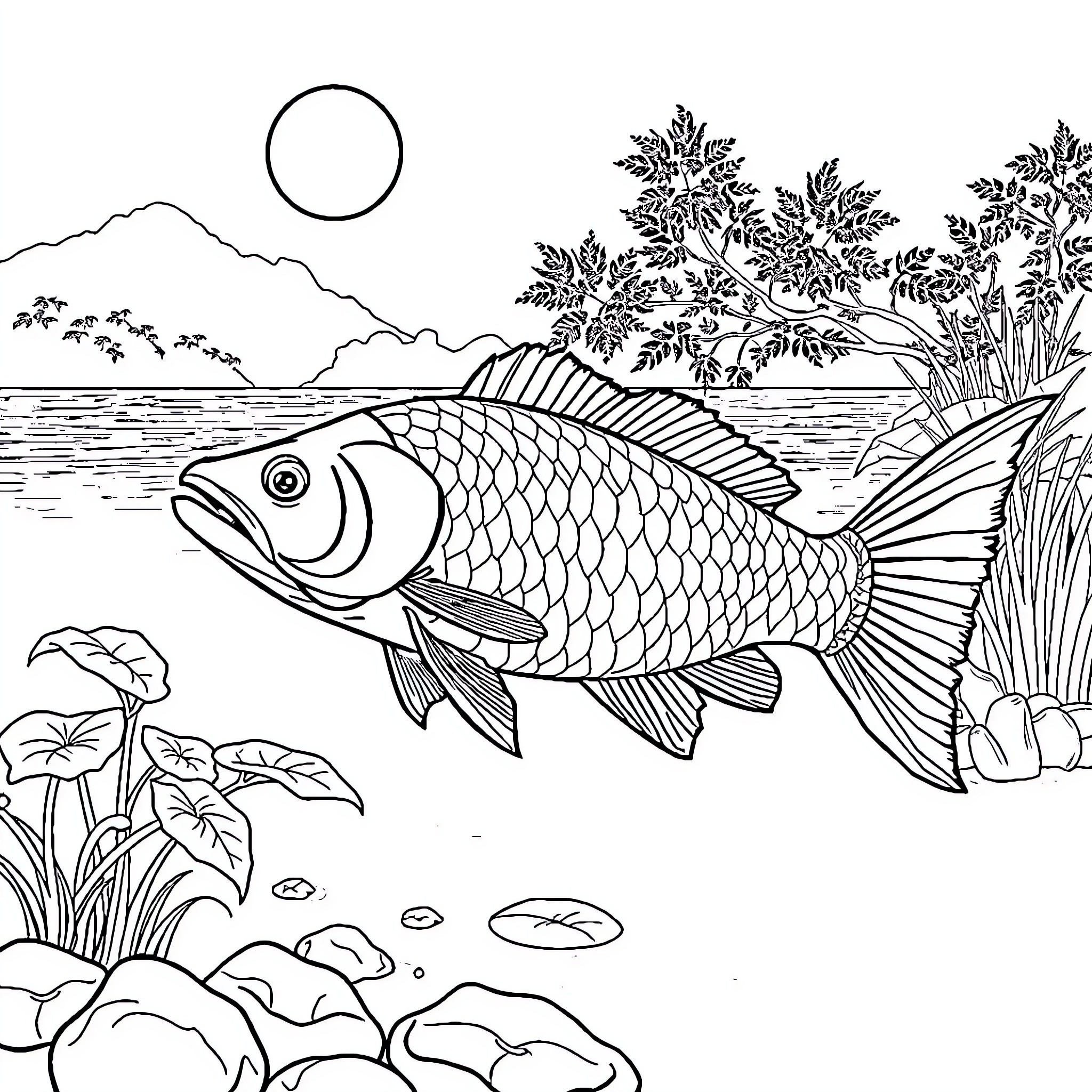 Bulan Fish swimming peacefully in the lake Coloring Page (free black-and-white line drawing printable PDF for all, from beginners to advanced learners, including children, teens, adults, and seniors)