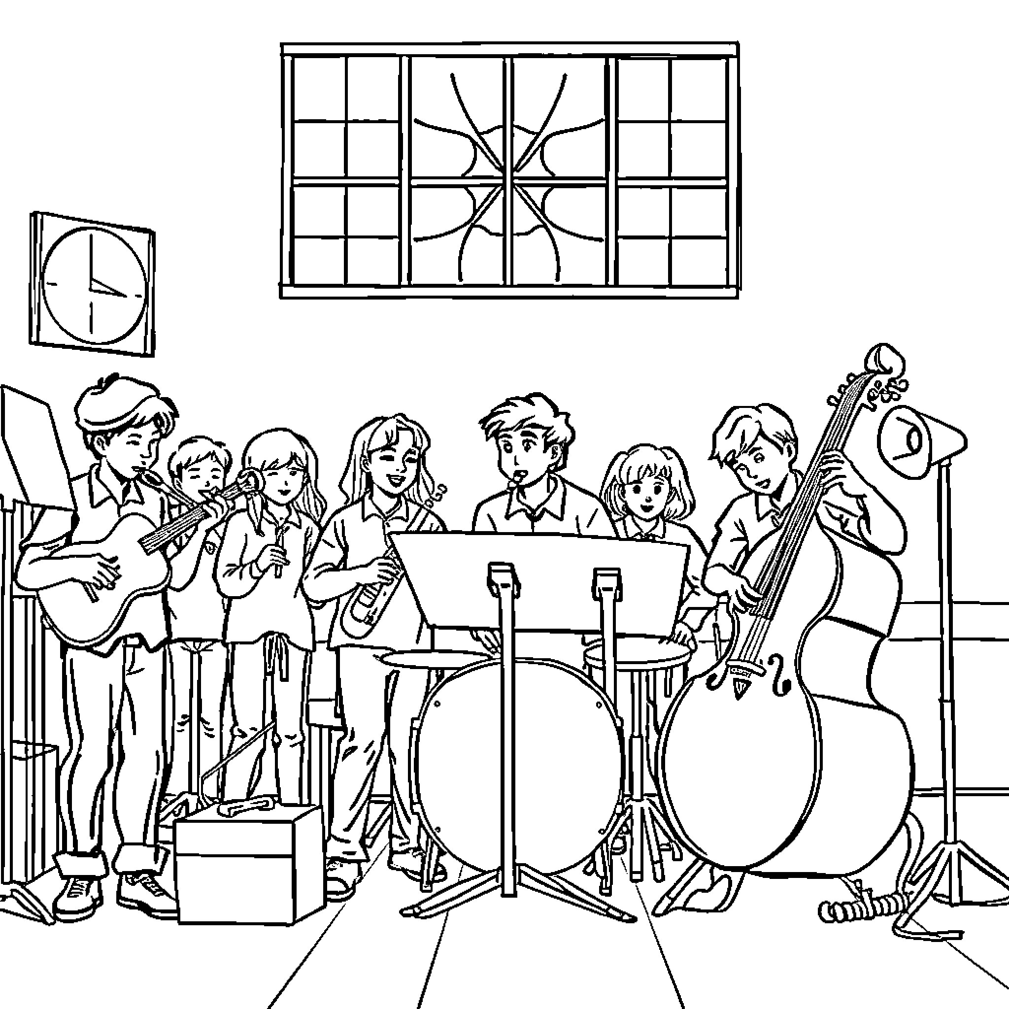 Music group performing together in a room Coloring Page (free black-and-white line drawing printable PDF for all, from beginners to advanced learners, including children, teens, adults, and seniors)