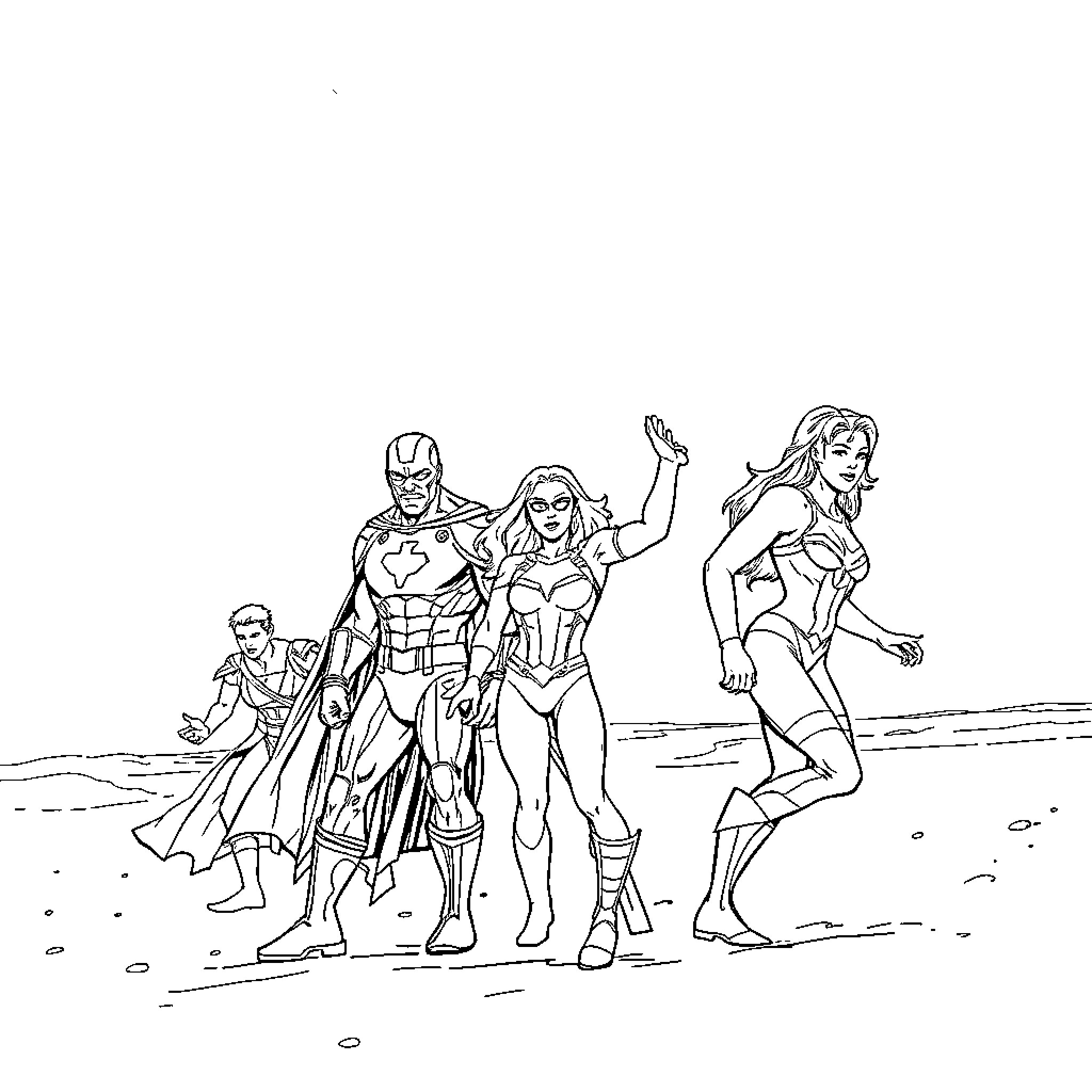 Avenger superheroes in action-packed poses Coloring Page (free black-and-white line drawing printable PDF for all, from beginners to advanced learners, including children, teens, adults, and seniors)