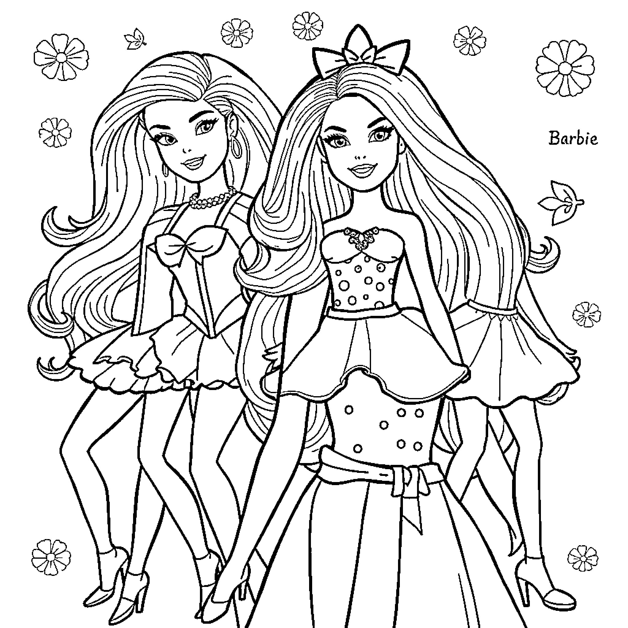 Barbie and friend posing together fashionably Coloring Page (free black-and-white line drawing printable PDF for all, from beginners to advanced learners, including children, teens, adults, and seniors)