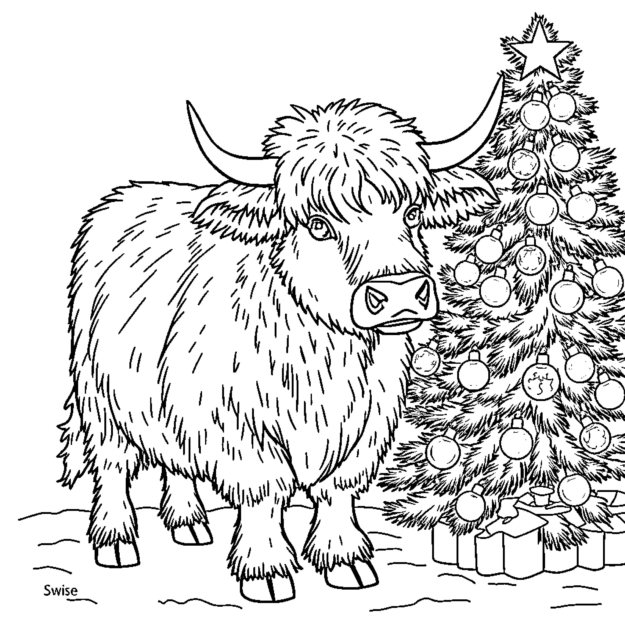 Highland Cow standing near Christmas tree Coloring Page (free black-and-white line drawing printable PDF for all, from beginners to advanced learners, including children, teens, adults, and seniors)
