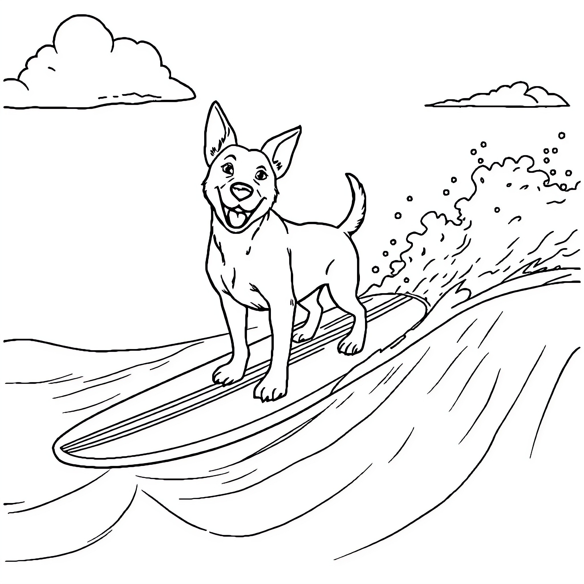 Dog surfing happily on the waves Coloring Page (free black-and-white line drawing printable PDF for all, from beginners to advanced learners, including children, teens, adults, and seniors)