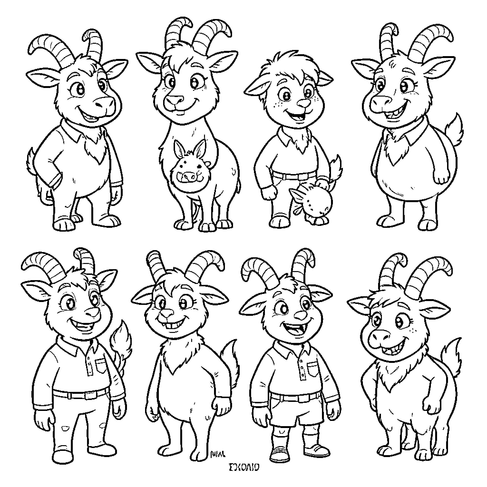 Goat characters in animated cartoon-style outfits Coloring Page (free black-and-white line drawing printable PDF for all, from beginners to advanced learners, including children, teens, adults, and seniors)