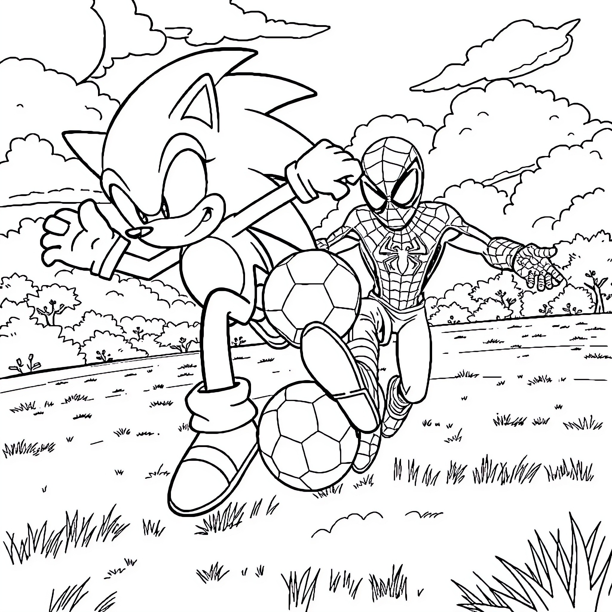 Sonic and Spider-Man playing soccer in the park Coloring Page (free black-and-white line drawing printable PDF for all, from beginners to advanced learners, including children, teens, adults, and seniors)