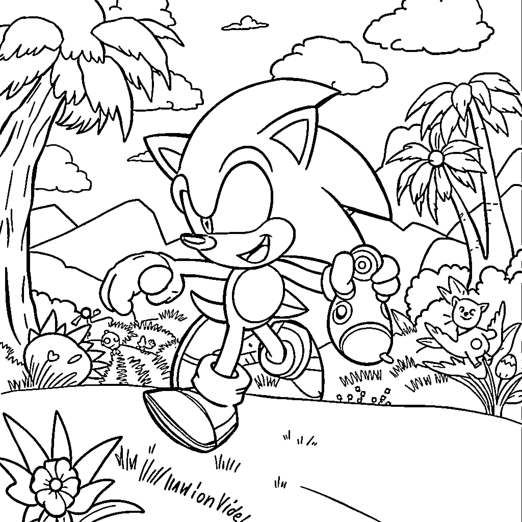Sonic's Tropical Adventure Coloring Page (free black-and-white line drawing printable PDF for all, from beginners to advanced learners, including children, teens, adults, and seniors)