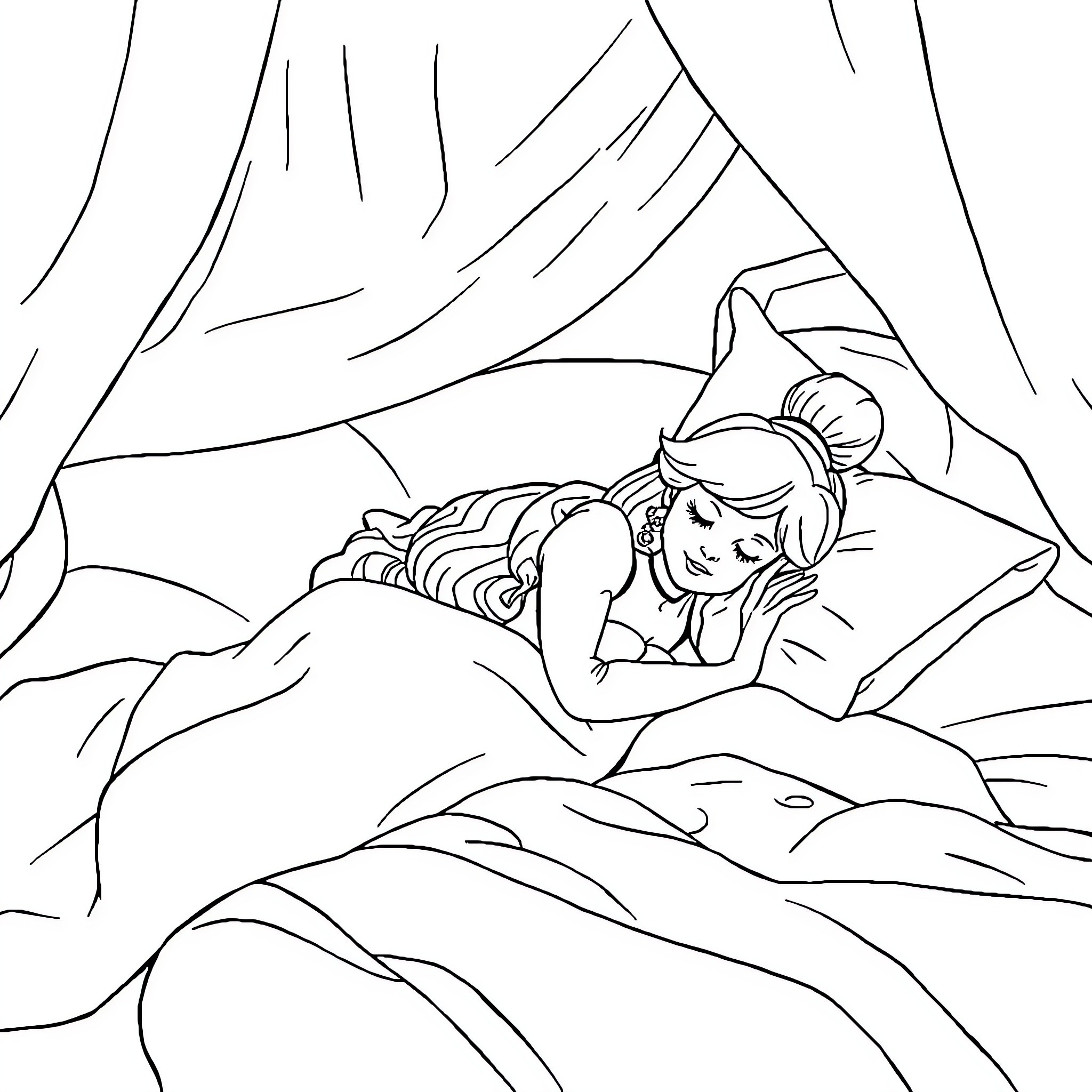 Cinderella resting peacefully in her bedroom Coloring Page (free black-and-white line drawing printable PDF for all, from beginners to advanced learners, including children, teens, adults, and seniors)