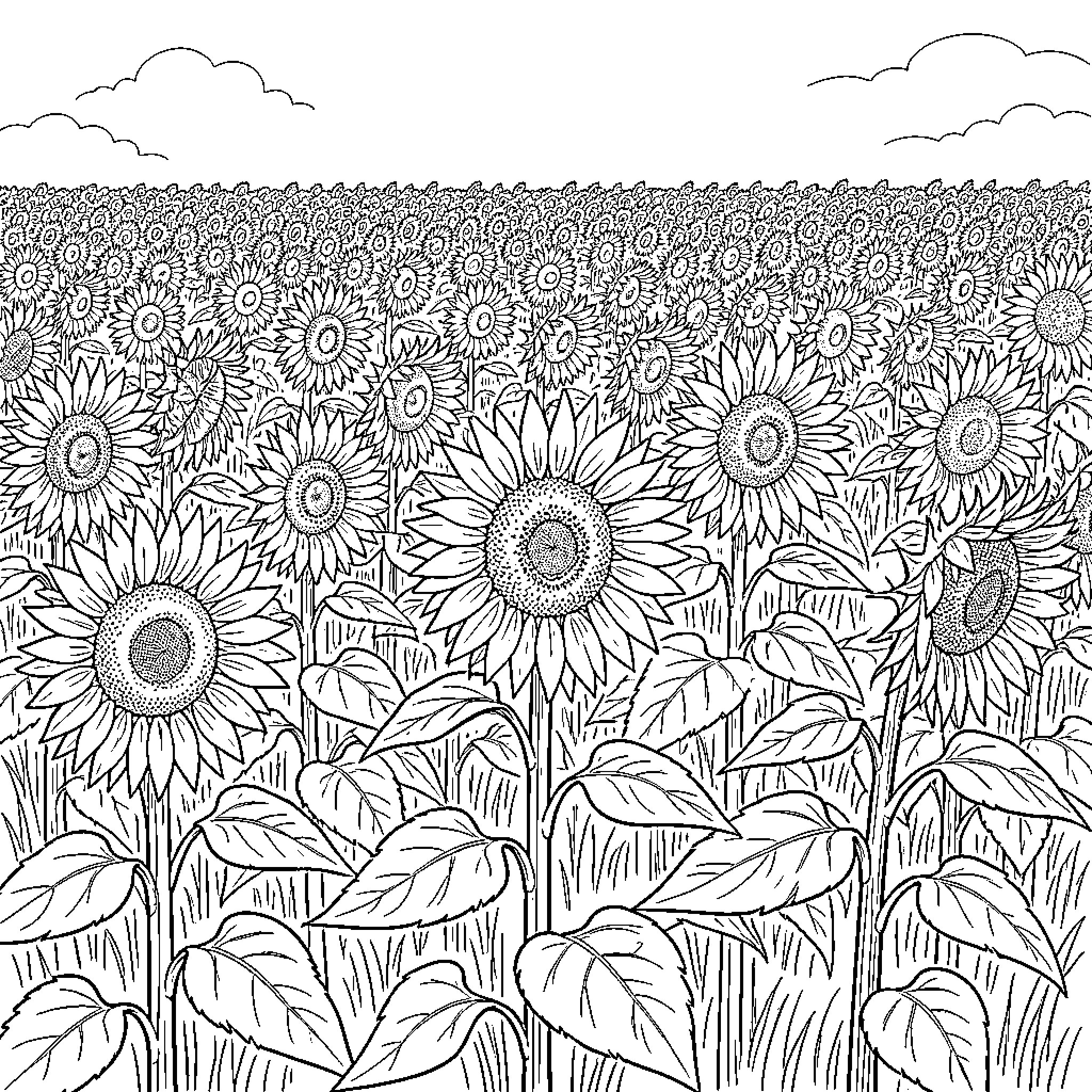 Sunflower field in full bloom Coloring Page (free black-and-white line drawing printable PDF for all, from beginners to advanced learners, including children, teens, adults, and seniors)